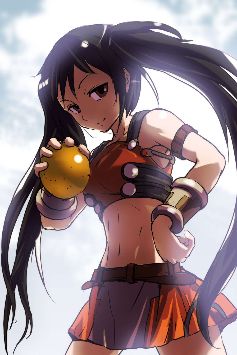 nekoita, arancia, original, bad id, bad pixiv id, highres, 1girl, bare shoulders, black hair, brown eyes, female focus, food, fruit, holding, holding food, holding fruit, long hair, midriff, navel, orange (fruit), orange skirt, skirt, solo, twintails