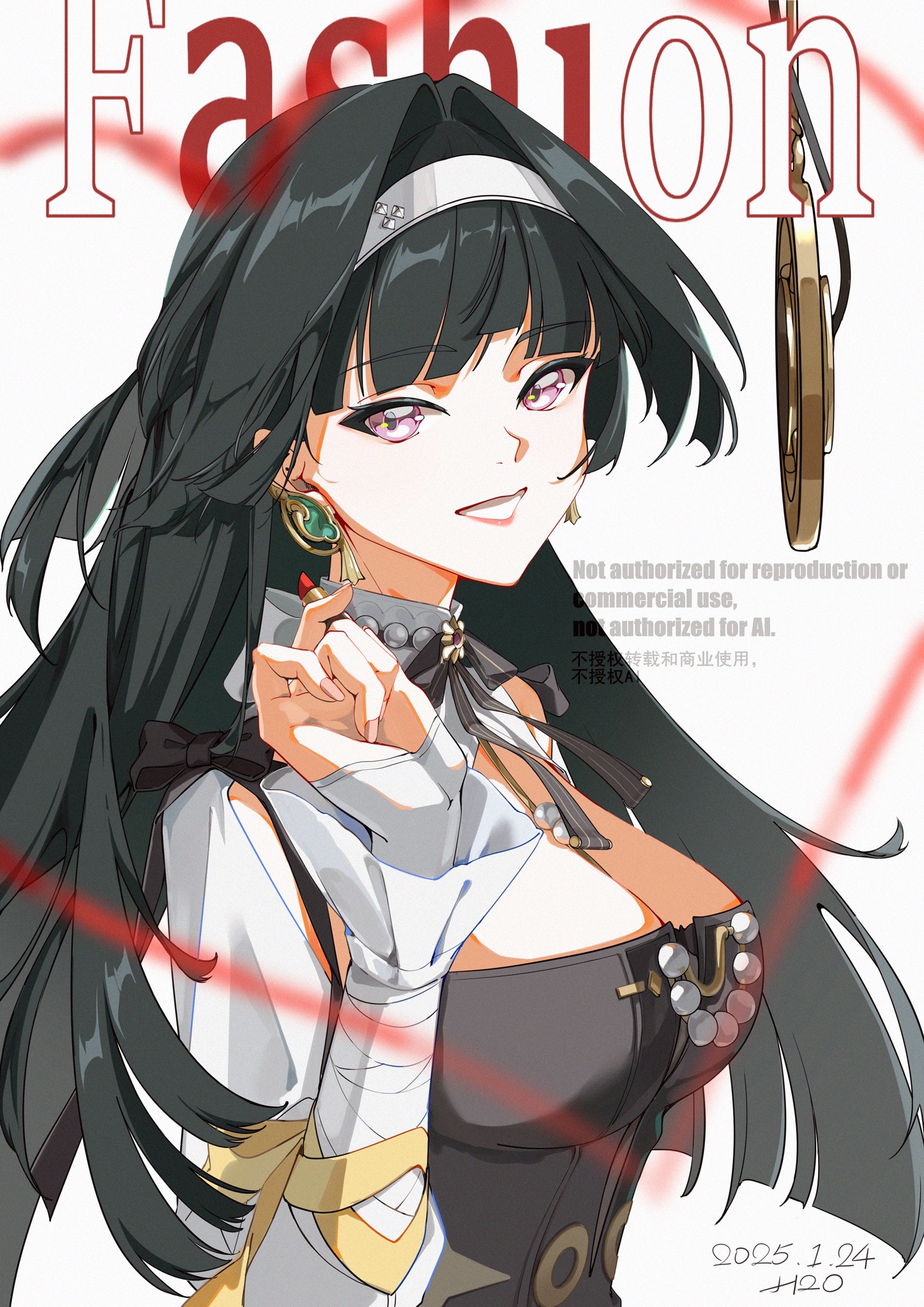 bingzhen h2o, astra yao, astra yao (chandelier), zenless zone zero, commentary request, highres, 1girl, arm ribbon, black dress, black hair, black ribbon, blurry, blurry foreground, breasts, cosmetics, dated, dress, earrings, english text, from side, gem, grin, hair intakes, hairband, hand up, heart, holding, holding lipstick tube, jewelry, large breasts, lipstick, lipstick tube, long hair, looking at viewer, makeup, microphone, neck ribbon, necklace, official alternate costume, pearl (gemstone), pearl necklace, purple eyes, ribbon, smile, solo, uneven bangs, upper body, white background, white hairband, yellow ribbon