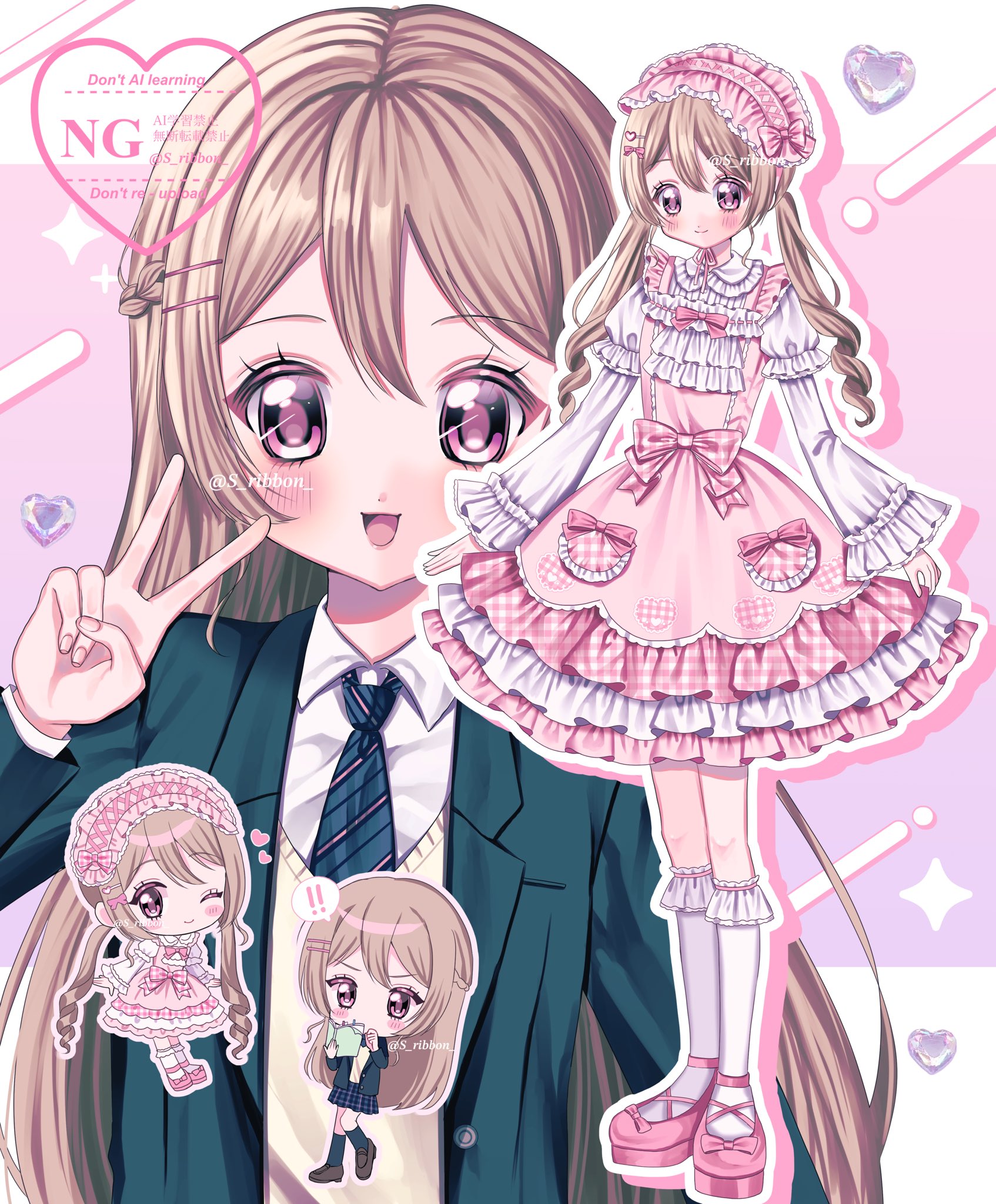 yuni (s ribbon), original, commentary, highres, symbol-only commentary, 2girls, accurate lolita coord, blush, bow, brown hair, chibi, chibi inset, dress, dual persona, frilled dress, frills, hairband, heart, lolita fashion, lolita hairband, long hair, long sleeves, mary janes, multiple girls, multiple views, pink bow, pink shoes, school uniform, shoes, smile, socks, standing, sweet lolita, twintails, v, very long hair, watermark, white socks