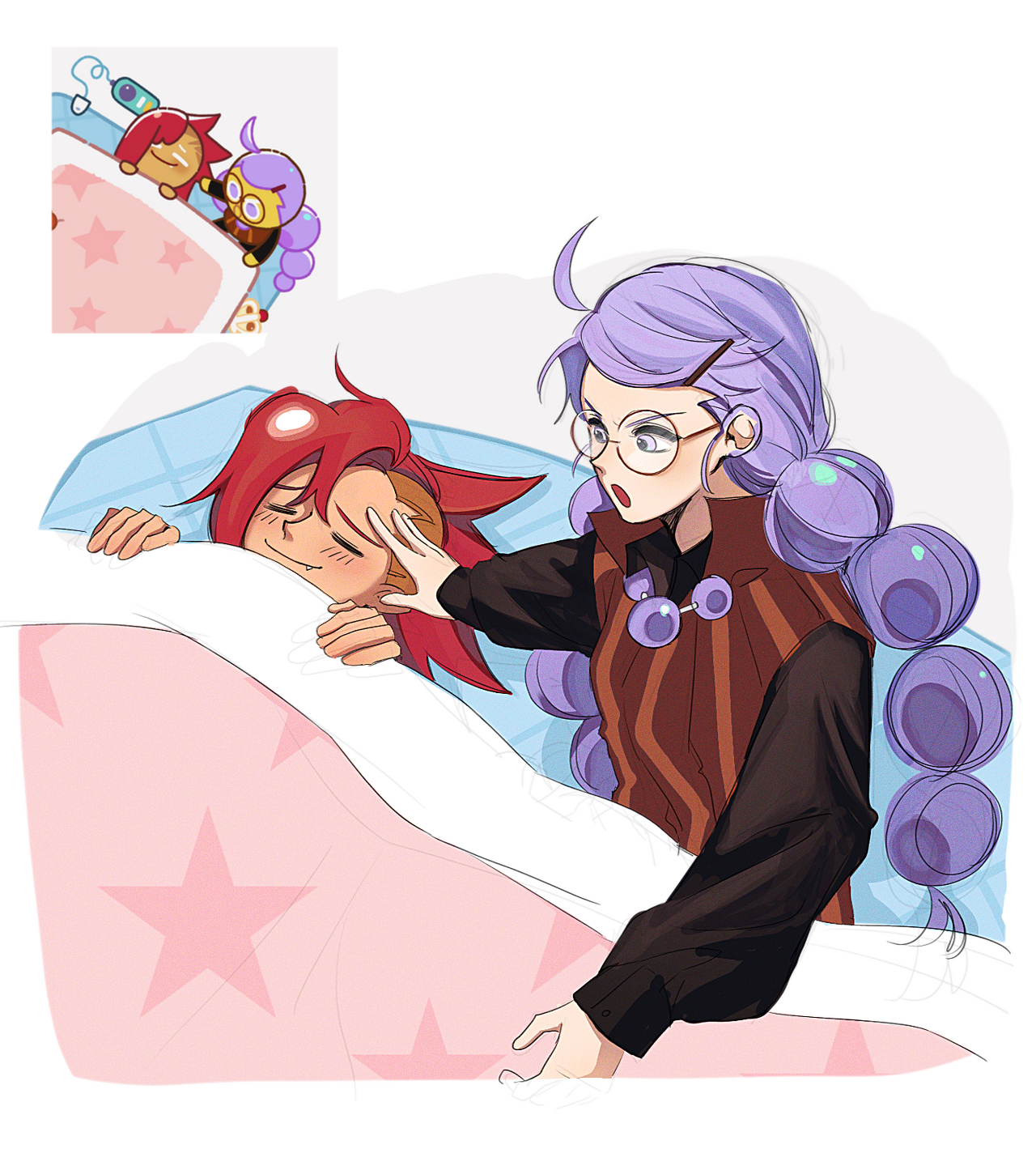 ponong, alchemist cookie, vampire cookie, cookie run, commentary, highres, symbol-only commentary, 1boy, 1girl, :o, ahoge, asymmetrical hair, black-framed eyewear, black shirt, braid, breasts, brother and sister, brown vest, closed mouth, fang, film grain, glasses, grey background, hair between eyes, hair ornament, hand on another's forehead, hands up, head on pillow, humanization, long hair, long sleeves, looking at another, low twin braids, open mouth, pillow, puffy long sleeves, puffy sleeves, purple eyes, purple hair, raised inner eyebrows, red hair, reference inset, round eyewear, screenshot inset, shirt, siblings, sidecut, simple background, small breasts, smile, striped clothes, striped vest, twin braids, two-tone background, under covers, undercut, upper body, v-shaped eyebrows, vertical-striped clothes, vertical-striped vest, very long hair, vest, white background