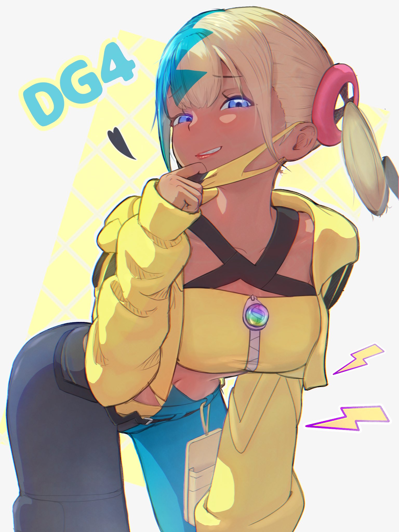 hisuizoroa25, canari (pokemon), nintendo, pokemon, pokemon legends: z-a, highres, 1girl, aqua hair, bandeau, black mask, blonde hair, blue eyes, blush, breasts, criss-cross straps, dark-skinned female, dark skin, heart, jacket, leaning forward, lightning bolt symbol, long sleeves, looking at viewer, mask, mask pull, medium breasts, mega stone, mouth mask, multicolored hair, navel, pants, parted lips, short twintails, solo, split-color hair, sports bra, twintails, two-tone hair, two-tone mask, two-tone pants, yellow bandeau, yellow jacket, yellow mask, yellow sports bra