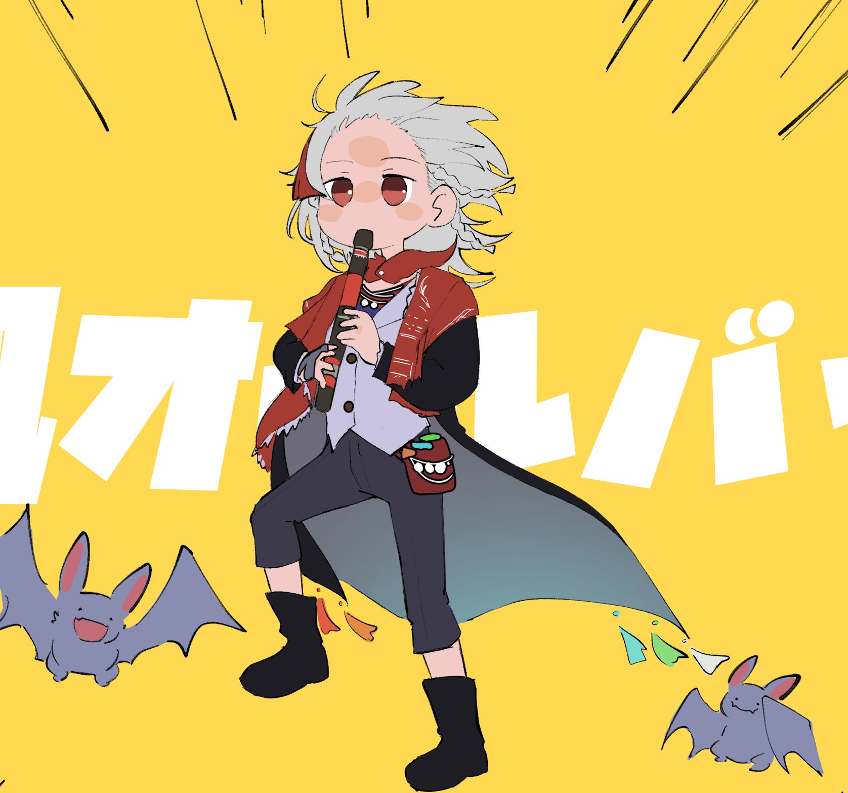 phunkey, rubuska, kyoufuu all back (vocaloid), reverse:1999, hashtag-only commentary, highres, 1girl, bangs blown up, bat (animal), black boots, black coat, boots, cloak, coat, flute, full body, grey hair, grey pants, holding, holding flute, holding instrument, instrument, jacket, marching, medium hair, music, pants, parody, playing flute, playing instrument, red cloak, red eyes, simple background, solo, white jacket, yellow background