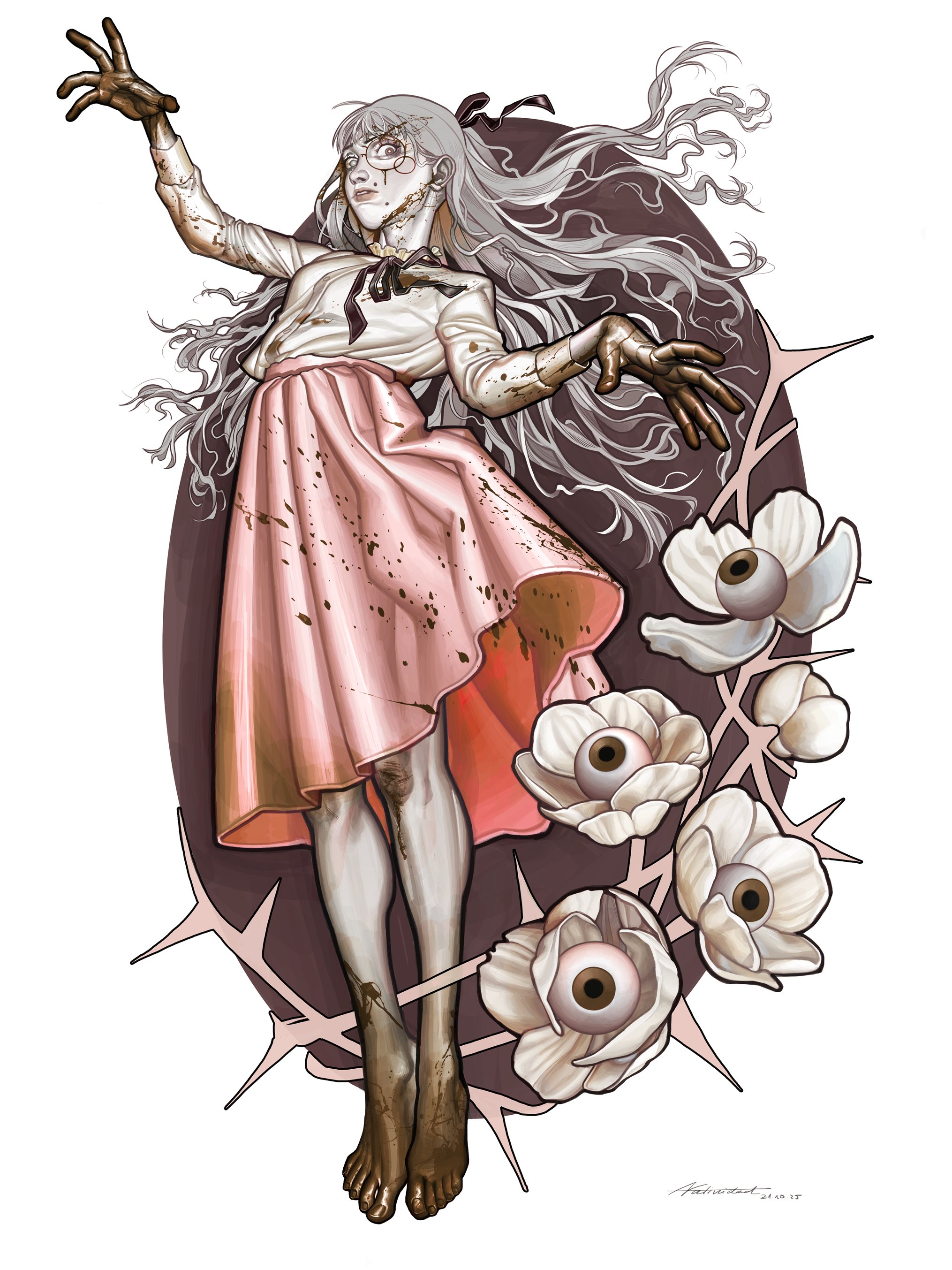 yummy lammy, marina (fear & hunger), fear & hunger (series), fear & hunger 2: termina, absurdres, commentary, english commentary, highres, 1girl, artist name, barefoot, black ribbon, dated, dirty, dirty clothes, dirty feet, dirty hands, eyeball, face piercing, facial mark, flower, full body, grey hair, long hair, long sleeves, looking at viewer, mouth piercing, neck ribbon, parted lips, piercing, pink skirt, ribbon, shirt, shirt tucked in, skirt, solo, white flower, white shirt