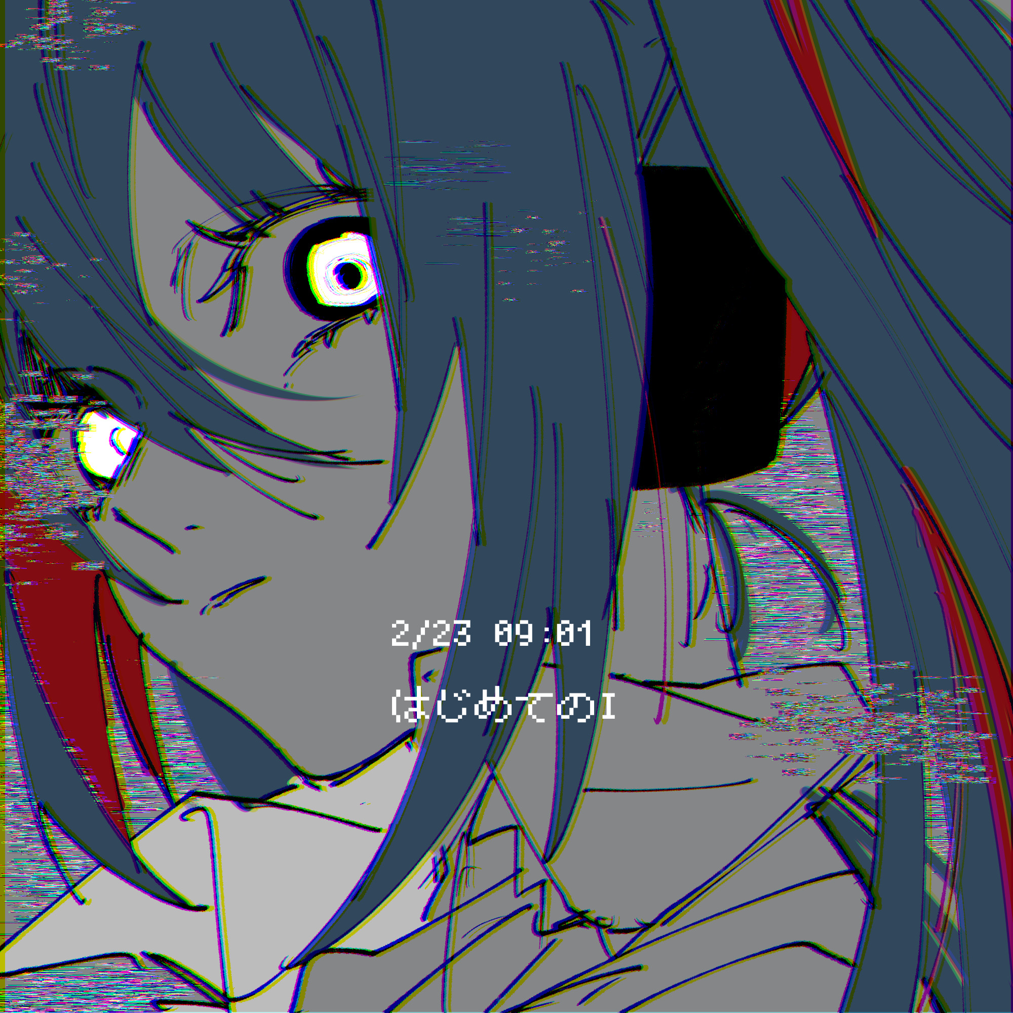 nekoma hikaru, hatsune miku, vocaloid, commentary request, highres, translation request, 1girl, blue hair, collared shirt, dated, eyelashes, glitch, hair between eyes, long hair, looking at viewer, parted lips, portrait, shirt, solo, twintails