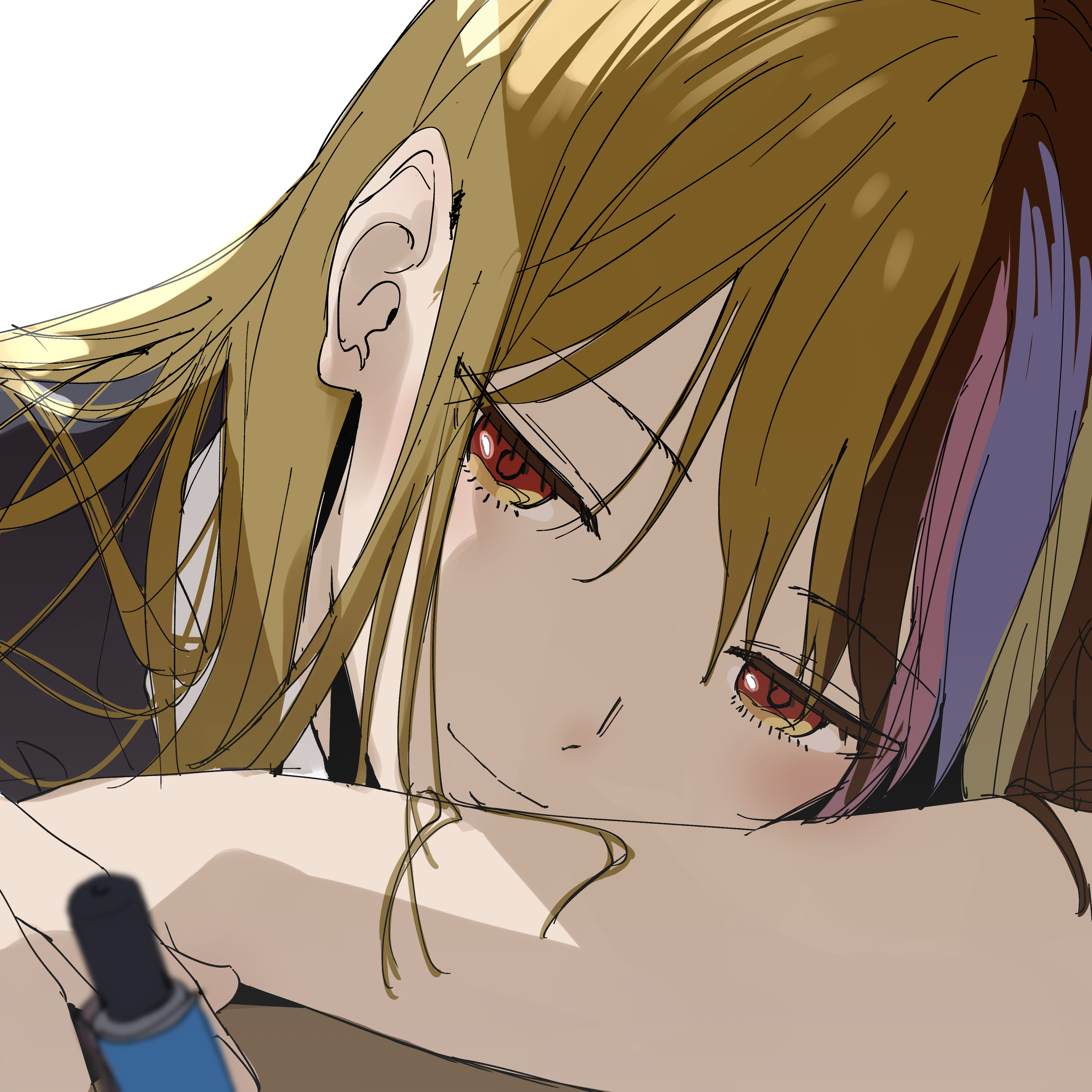 tarokazu, galaco, vocaloid, absurdres, commentary request, highres, 1girl, backlighting, bare arms, black jacket, blurry, blurry foreground, blush, brown hair, closed mouth, collared shirt, elbow on table, eyes visible through hair, hair between eyes, half-closed eyes, hand on table, head rest, holding, holding pen, jacket, jitome, long hair, looking at object, multicolored hair, pen, pink hair, portrait, purple hair, red eyes, shirt, simple background, smile, solo, straight hair, streaked hair, swept bangs, table, white background, white shirt, writing