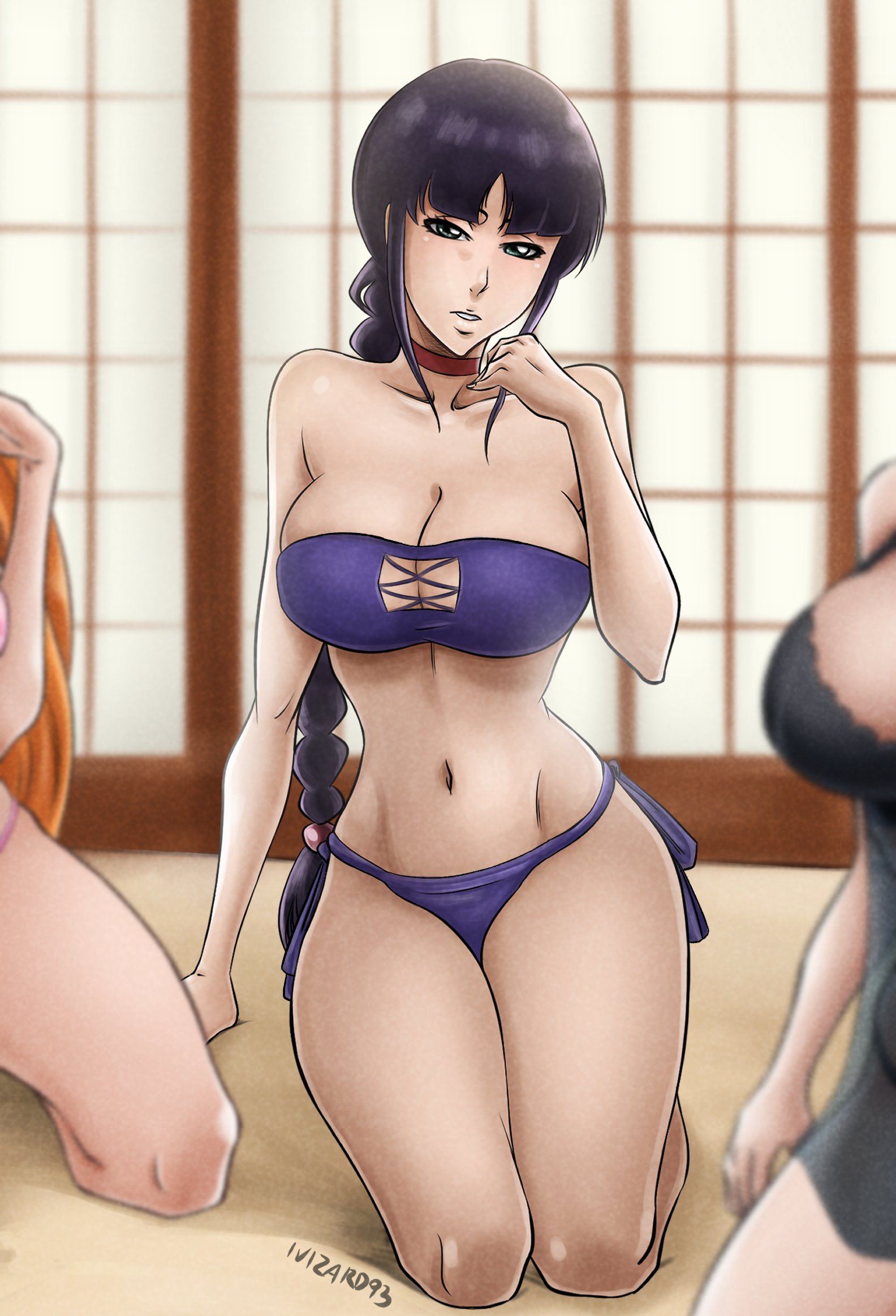 ivizard art93, kurotsuchi nemu, bleach, highres, 3girls, artist name, bare shoulders, black hair, braid, braided ponytail, breasts, choker, collarbone, indoors, large breasts, legs together, long hair, looking at viewer, multiple girls, navel, parted lips, sitting, stomach