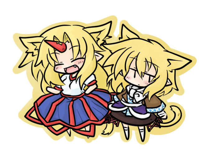 yanagi (nurikoboshi), hoshiguma yuugi, mizuhashi parsee, touhou, md5 mismatch, resolution mismatch, source smaller, 2girls, animal ears, blonde hair, cat ears, cat girl, cat tail, chibi, female focus, horns, multiple girls, single horn, tail