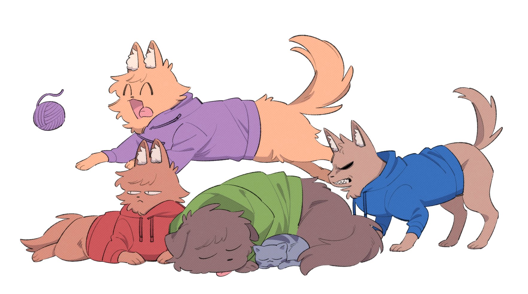 mjsc 10, edd (eddsworld), matt (eddsworld), tom (eddsworld), eddsworld, commentary, highres, symbol-only commentary, ^ ^, animal, animal with hair, animalization, blue hoodie, brown fur, cat, closed eyes, clothed animal, dog, fluffy, green hoodie, grey cat, hood, hood down, hoodie, no humans, purple hoodie, red hoodie, ringo (eddsworld), running, simple background, sleeping, tabby cat, tongue, tongue out, tord (eddsworld), white background, yarn, yarn ball