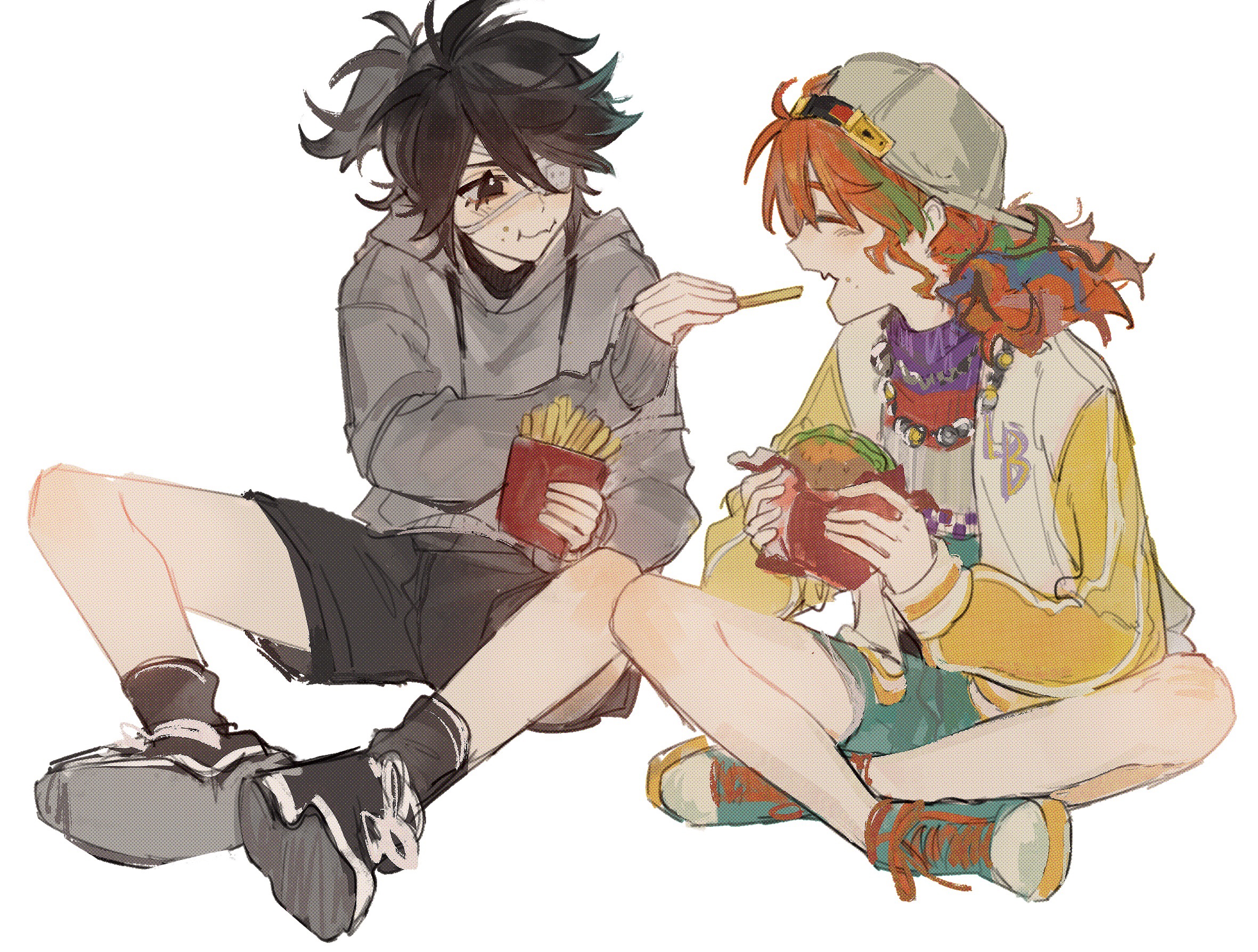 lily barriere, lily barriere (oph.lily), luca balsa, luca balsa (oph.luca), identity v, highres, 1boy, 1girl, :3, backwards hat, baseball cap, black eyes, black shorts, black socks, blue streaks, brown hair, burger, closed eyes, denim, denim shorts, eyepatch, fang, feeding, food, french fries, gaozhouyong, green streaks, grey hoodie, hat, holding, holding burger, holding food, hood, hoodie, jacket, letterman jacket, low twintails, multicolored jacket, official alternate costume, ponytail, shoes, shorts, skin fang, sleeves past wrists, sneakers, socks, twintails, two-tone jacket, wavy hair, white jacket, yellow jacket