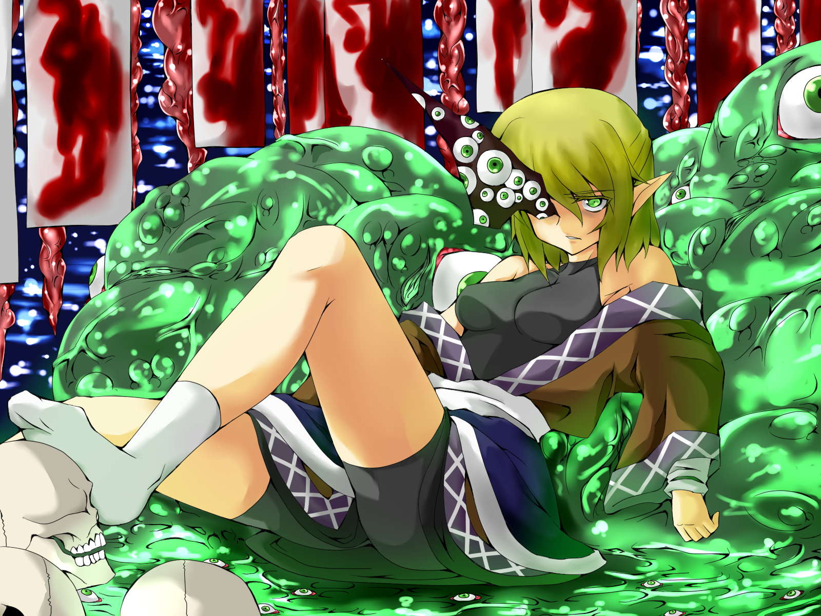 tomuman, mizuhashi parsee, touhou, highres, 1girl, bike shorts, blonde hair, blood, feet, female focus, green eyes, legs, lying, open clothes, pointy ears, skull, sleeveless, slime (creature), slime (substance), socks, solo