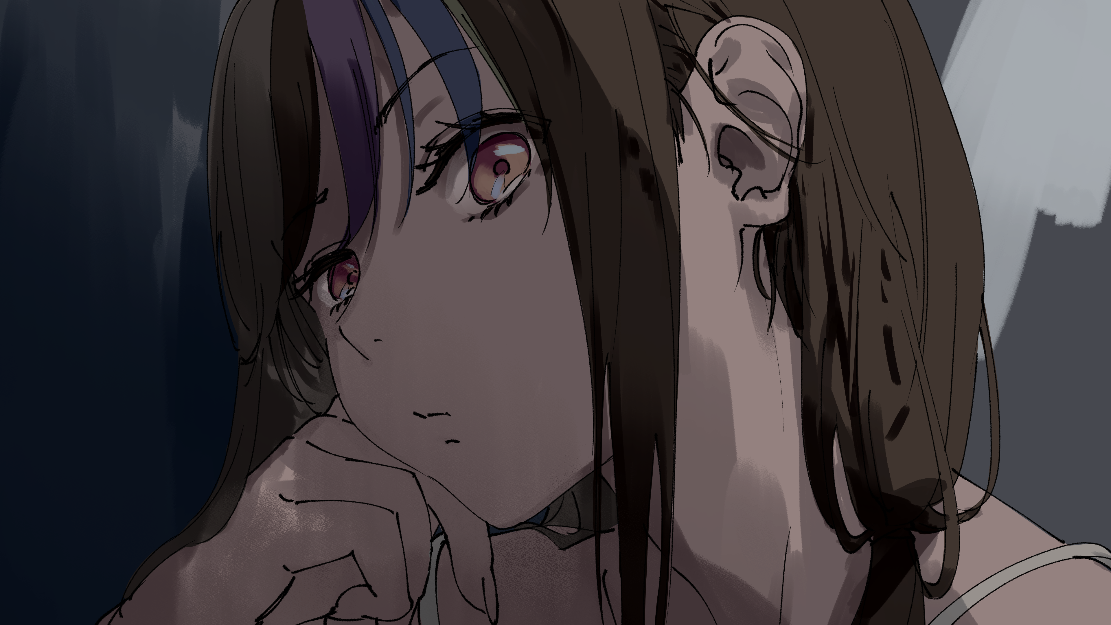 tarokazu, galaco, vocaloid, absurdres, commentary request, highres, 1girl, backlighting, bare shoulders, blue hair, bra, brown hair, closed mouth, downturned eyes, fingernails, green hair, grey background, hand on own cheek, hand on own face, long hair, looking at viewer, multicolored hair, pink eyes, portrait, purple hair, simple background, solo, straight hair, streaked hair, underwear, white bra