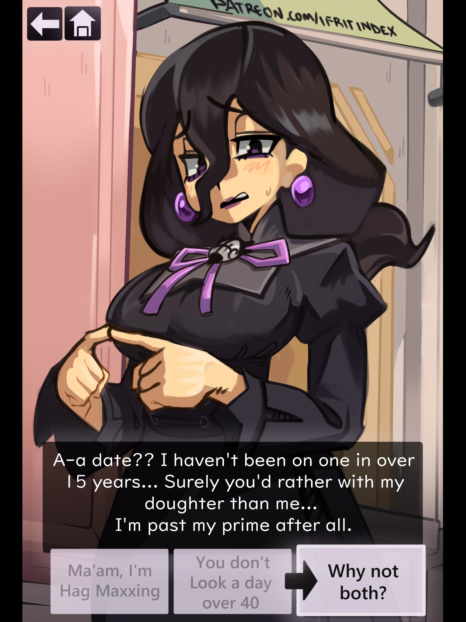 moxydraws, hex maniac (pokemon), hex maniac (pokemon legends: z-a), nintendo, pokemon, pokemon legends: z-a, commentary, english commentary, highres, 1girl, artist name, black corset, black dress, black hair, blush, bottle, breasts, corset, dress, earrings, english text, hair between eyes, half-closed eyes, jewelry, juliet sleeves, large breasts, large earrings, long hair, long sleeves, medium breasts, milk bottle, moomoo milk, neck ribbon, open mouth, patreon username, puffy sleeves, purple eyes, purple nails, purple ribbon, ribbon, solo, sphere earrings, watermark, web address