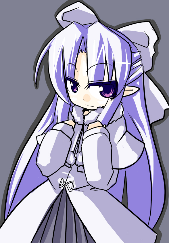 asuka tsubasa, sanpakuganmusume, white len (tsukihime), melty blood, tsukihime, 00s, 1girl, chibi, female focus, hair ribbon, half updo, long hair, purple eyes, purple hair, ribbon, simple background, solo, winter clothes
