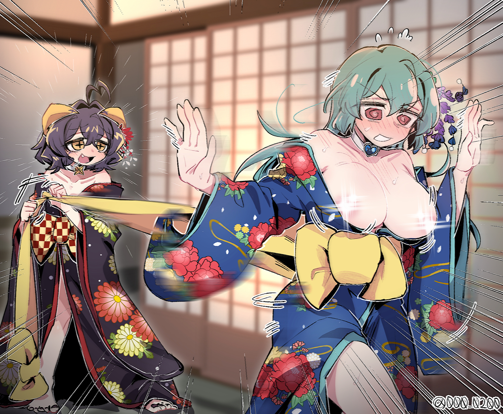 an sin, hiiragi utena, minakami sayo, mahou shoujo ni akogarete, commentary, highres, 2girls, ahoge, alternate costume, black hair, black kimono, blue kimono, breasts, breasts out, censored, censored nipples, clothes pull, collarbone, fang, green hair, hair intakes, heart, heart-shaped gem, heart ahoge, horns, huge ahoge, japanese clothes, kimono, magical girl, multiple girls, obi spin, red eyes, star-shaped gem, star-shaped pupils, star (symbol), symbol-shaped pupils, twitter username, watermark, yellow eyes, yuri