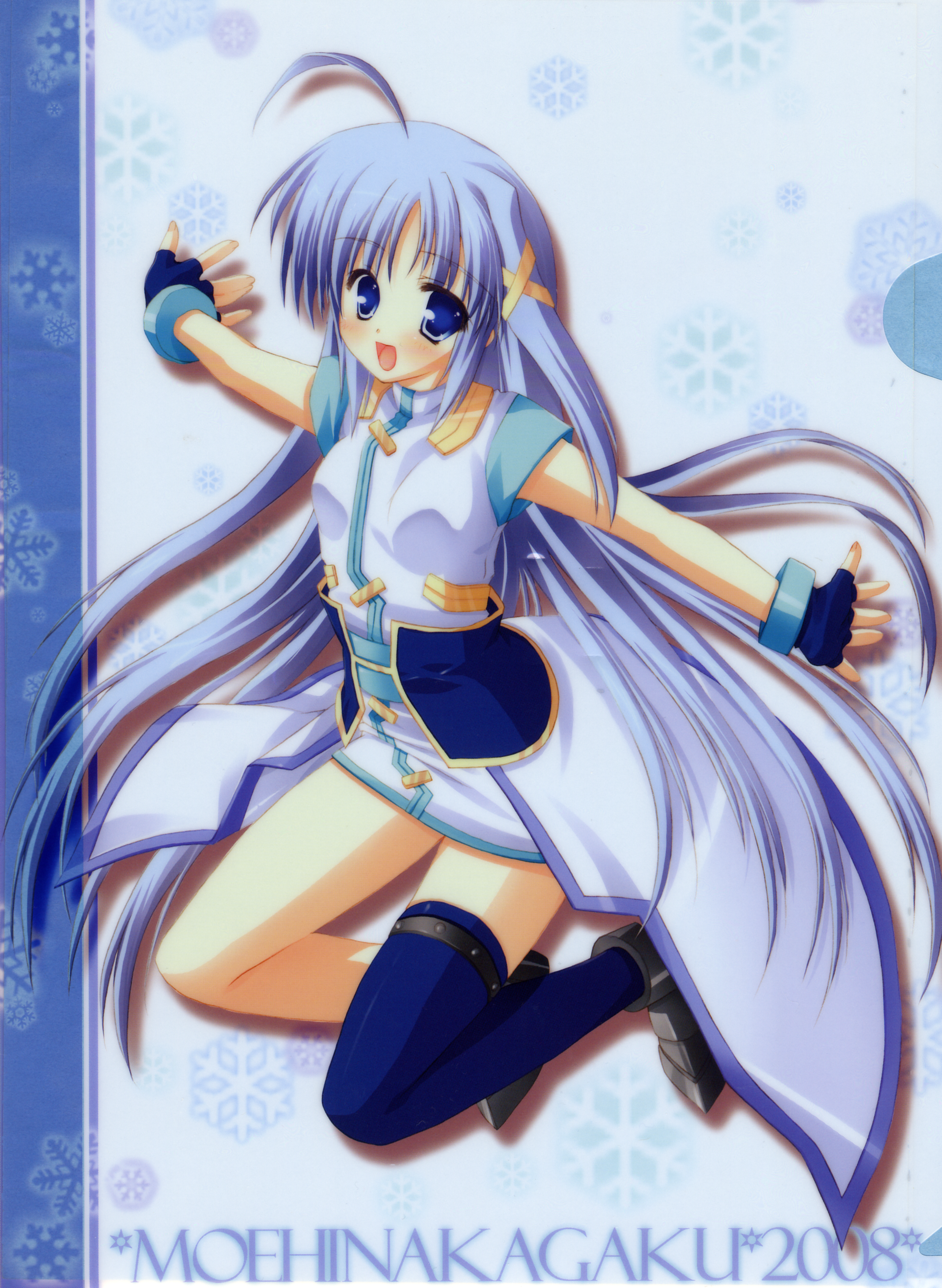 hinamatsuri touko, reinforce zwei, lyrical nanoha, mahou shoujo lyrical nanoha, mahou shoujo lyrical nanoha strikers, absurdres, highres, 00s, 1girl, asymmetrical clothes, blue eyes, blue hair, blush, female focus, hair ornament, kneeling, long hair, matching hair/eyes, single thighhigh, solo, thighhighs, x hair ornament