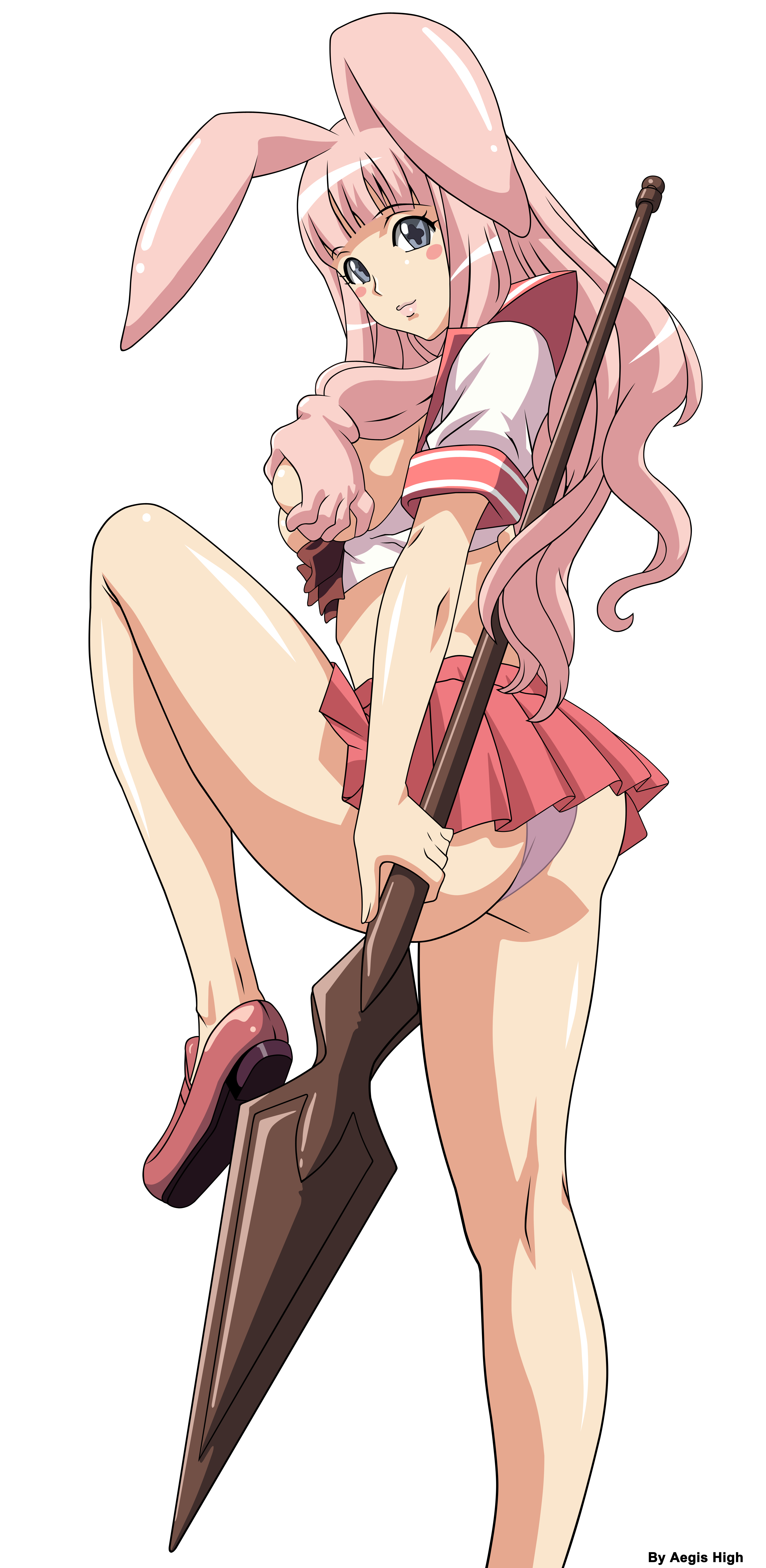 queen's blade, melona, absurdres, highres, long image, tall image, animal ears, breasts, cephalopod eyes, large breasts, long hair, miniskirt, monster girl, panties, pantyshot, pink hair, polearm, rabbit ears, school uniform, skirt, slime girl, spear, underwear, weapon