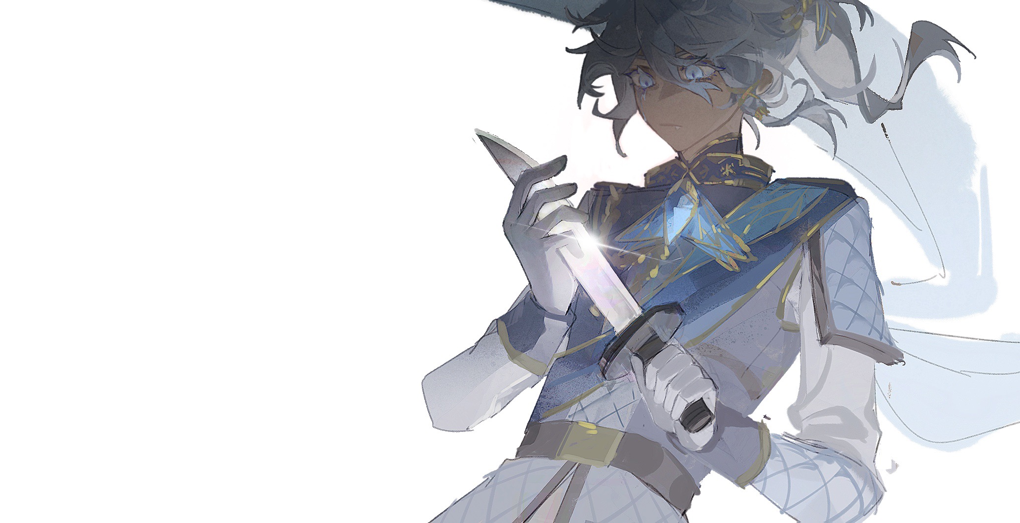 luca balsa, luca balsa (winter cicada), identity v, highres, 1boy, androgynous, belt, blue eyes, blue gemstone, brown belt, fang, gaozhouyong, gem, gloves, gold trim, grey hair, grey vest, holding, holding knife, knife, looking at object, male focus, official alternate costume, ponytail, shirt, upper body, vest, wavy hair, white background, white gloves, white shirt