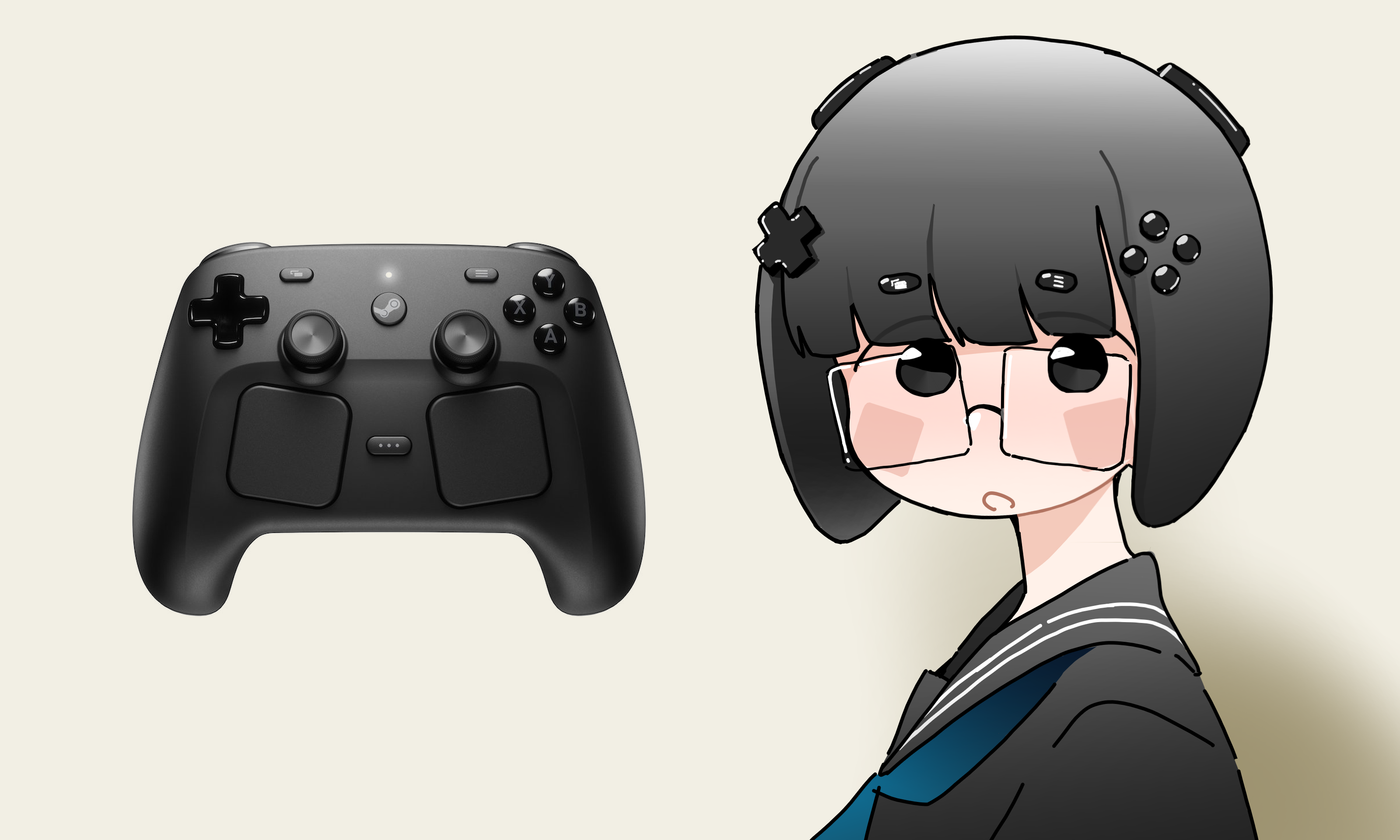 orenjipiiru, original, steam (platform), absurdres, duplicate, highres, pixel-perfect duplicate, 1girl, black eyes, black hair, black sailor collar, black serafuku, blue neckerchief, blunt bangs, blush stickers, controller, cross hair ornament, from side, game controller, glasses, gradient background, hair ornament, looking at viewer, neckerchief, no pupils, open mouth, personification, round eyewear, sailor collar, school uniform, serafuku, short hair, simple background, solo, steam controller, steam machine-tan, straight hair, upper body, valve corporation, yellow background
