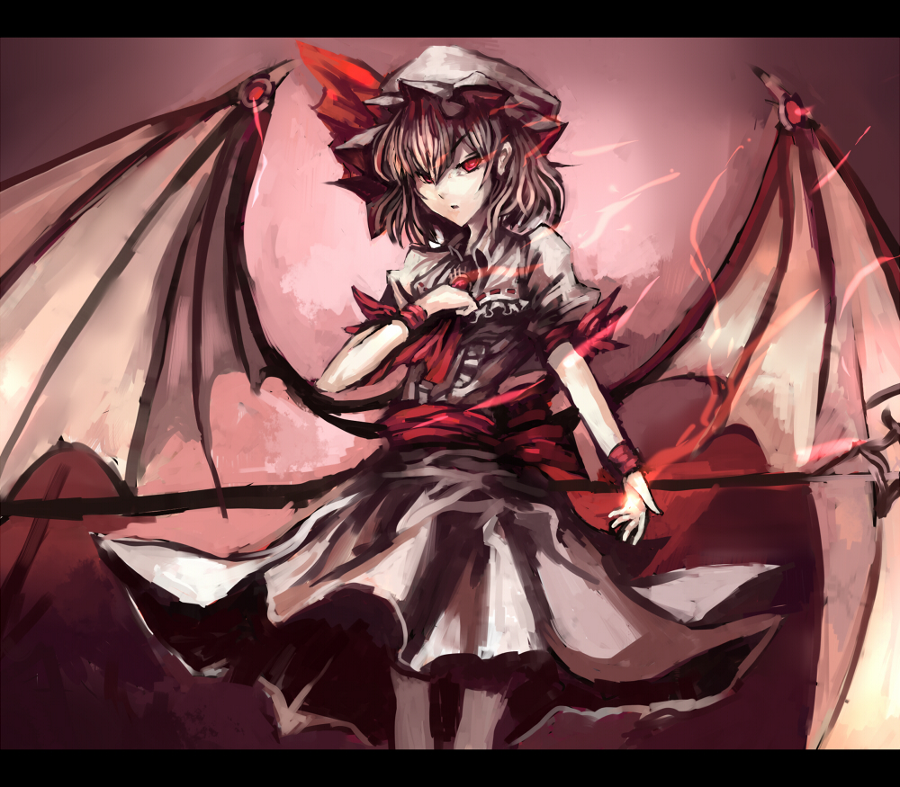 makai no juumin, remilia scarlet, touhou, silver hair, bad id, bad pixiv id, 1girl, bat wings, dress, female focus, glowing, glowing eye, glowing eyes, hat, polearm, red eyes, solo, spear, weapon, wings