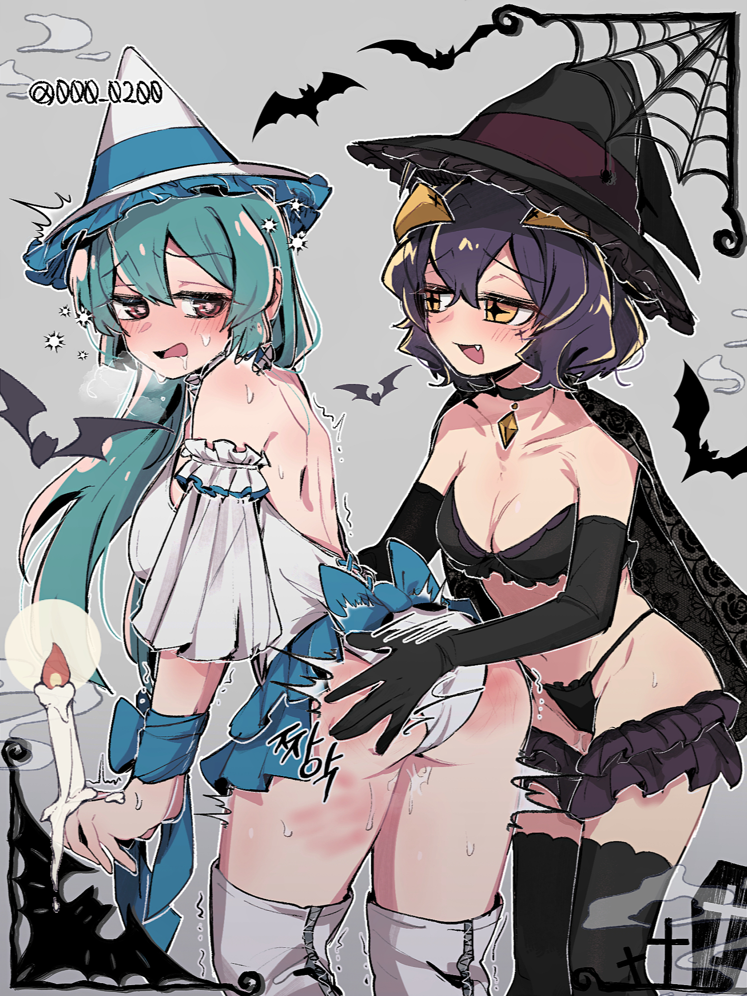 an sin, magia azure, magia baiser, mahou shoujo ni akogarete, commentary, highres, 2girls, ass, bat (animal), bdsm, black bra, black cape, black choker, black hair, black panties, blue skirt, blush, bra, breasts, candle, cape, choker, clothes lift, cross-shaped pupils, drooling, green hair, halloween, halloween costume, hat, horns, magical girl, multiple girls, open mouth, panties, pussy juice, red eyes, shirt, skirt, skirt lift, spanked, spanking, symbol-shaped pupils, twitter username, underwear, white panties, white shirt, witch hat, yuri