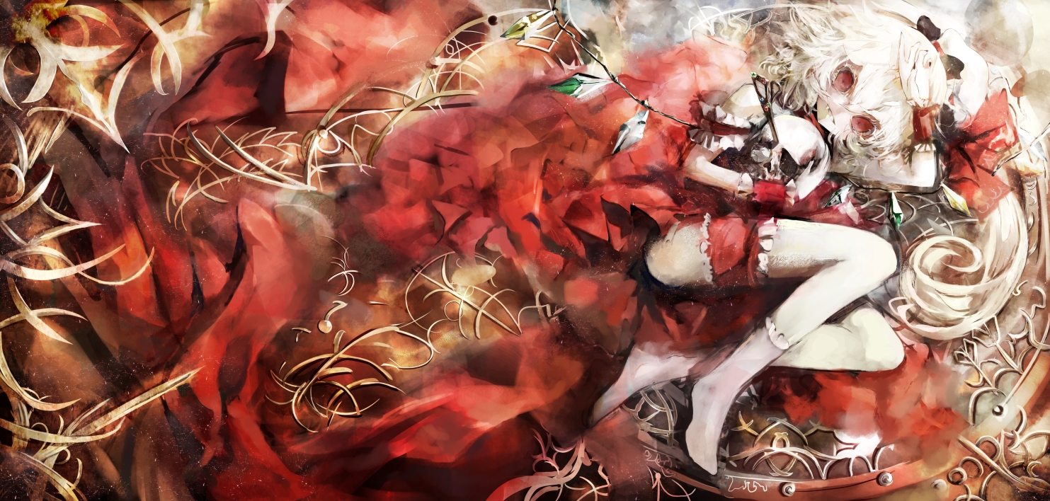 kataru (ubw-emiya), flandre scarlet, touhou, 1girl, arm up, blonde hair, clothing cutout, crystal wings, dress, frilled cuffs, hat, hat ribbon, holding, holding skull, long hair, looking at viewer, one side up, parted lips, red dress, red eyes, red ribbon, ribbon, scissors, shoulder cutout, skull, smile, socks, solo, thigh strap, white socks, wings, wrist cuffs