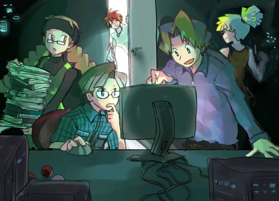 ddbb, bebe (pokemon), bill (pokemon), brigette (pokemon), celio (pokemon), lanette (pokemon), nintendo, pokemon, pokemon box ruby & sapphire, pokemon dppt, pokemon rgby, pokemon rse, bad id, bad pixiv id, 00s, 1990s (style), 2boys, 3girls, blonde hair, book, brown hair, computer, glasses, headband, multiple boys, multiple girls, poke ball, ponytail, red hair, retro artstyle, short hair, trait connection, twintails