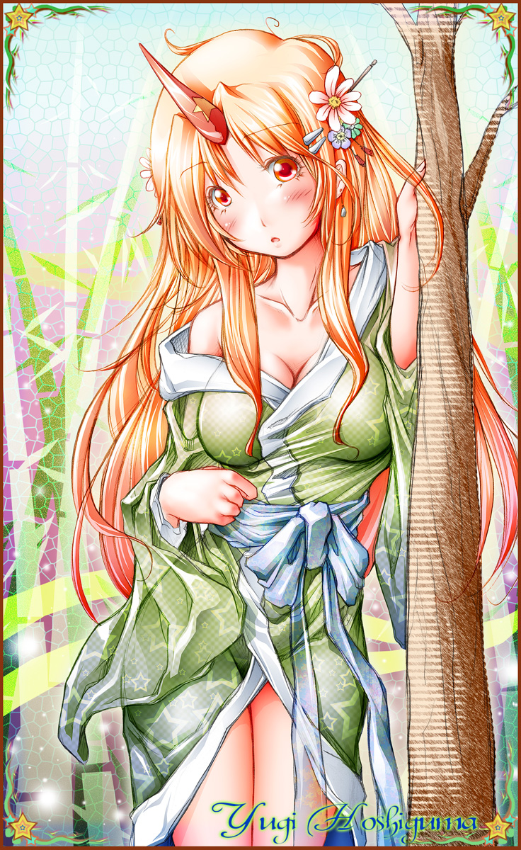 kemu inu, hoshiguma yuugi, touhou, bad id, bad pixiv id, highres, 1girl, blonde hair, blush, breasts, cleavage, collarbone, earrings, female focus, flower, hair ornament, hairpin, horns, japanese clothes, jewelry, kimono, large breasts, legs, no bra, red eyes, single horn, solo