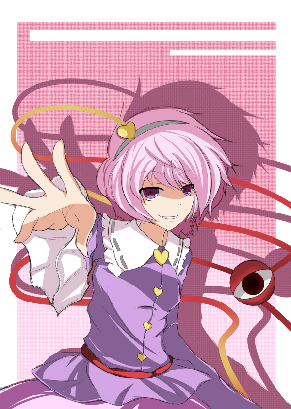 ton (artist), unoen, komeiji satori, touhou, bad id, bad pixiv id, 1girl, eyeball, female focus, grin, hairband, outstretched hand, pink eyes, pink hair, short hair, smile, solo, third eye