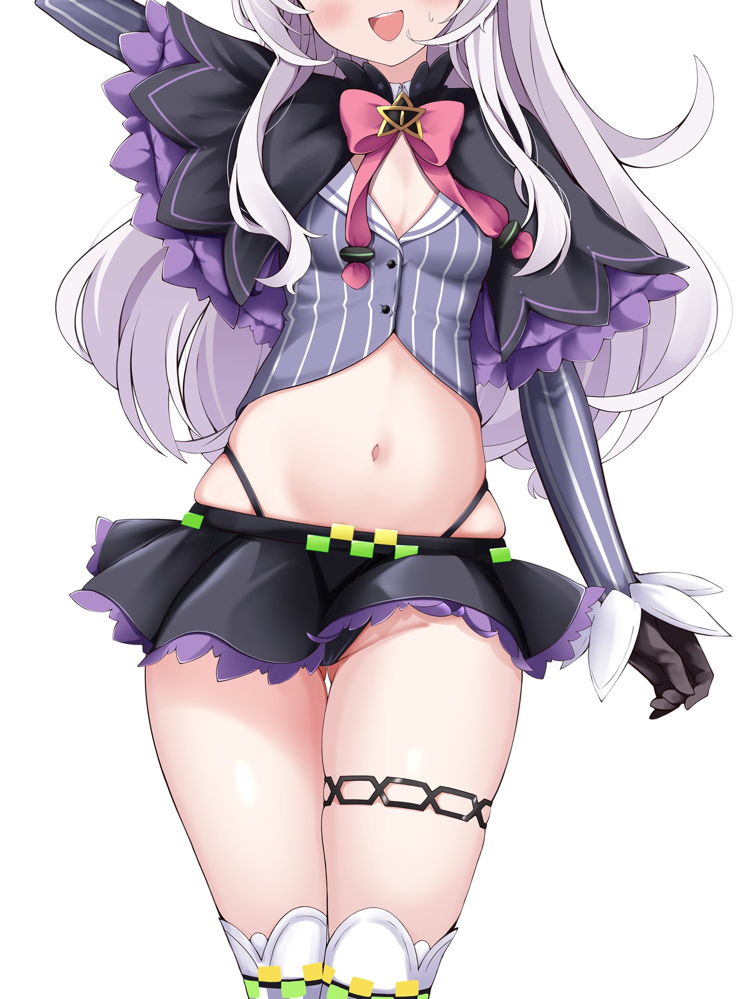 cocozasa, murasaki shion, murasaki shion (1st costume), hololive, commentary, commentary request, hashtag-only commentary, highres, 1girl, :d, arm up, black gloves, black panties, blush, breasts, cleavage, eyes out of frame, gloves, gluteal fold, grey hair, groin, hat, head out of frame, long hair, midriff, miniskirt, navel, open mouth, panties, simple background, skindentation, skirt, small breasts, smile, solo, stomach, teeth, thigh strap, thighhighs, thong, underwear, virtual youtuber, white background, witch hat