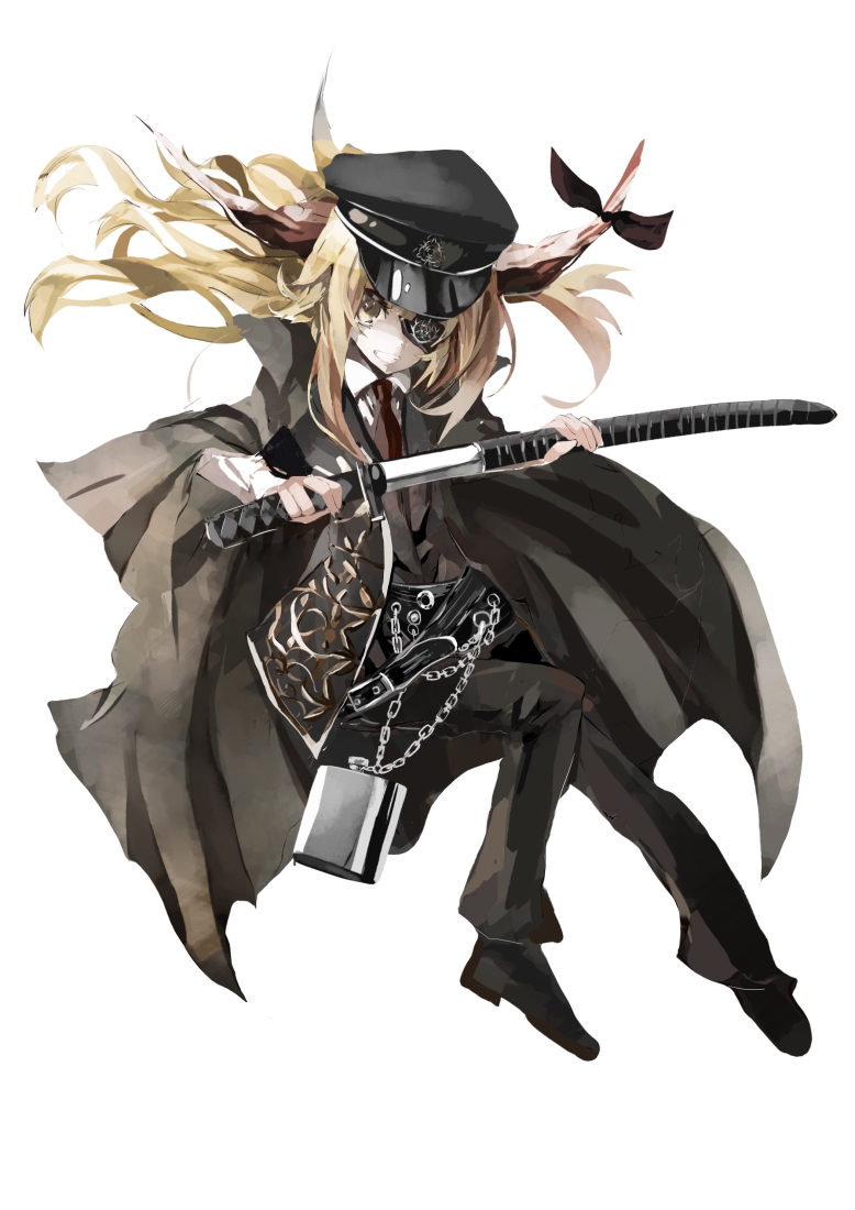 kataru (ubw-emiya), ibuki suika, touhou, 1girl, belt, black belt, black bow, black cape, black hat, black jacket, black necktie, black pants, blonde hair, bow, brown eyes, cape, eyepatch, flask, floating hair, grin, hat, hip flask, holding, holding sheath, holding sword, holding weapon, horn bow, horn ornament, horns, jacket, long hair, long sleeves, necktie, pants, parted lips, peaked cap, scabbard, sheath, shirt, simple background, smile, solo, sword, weapon, white background, white shirt