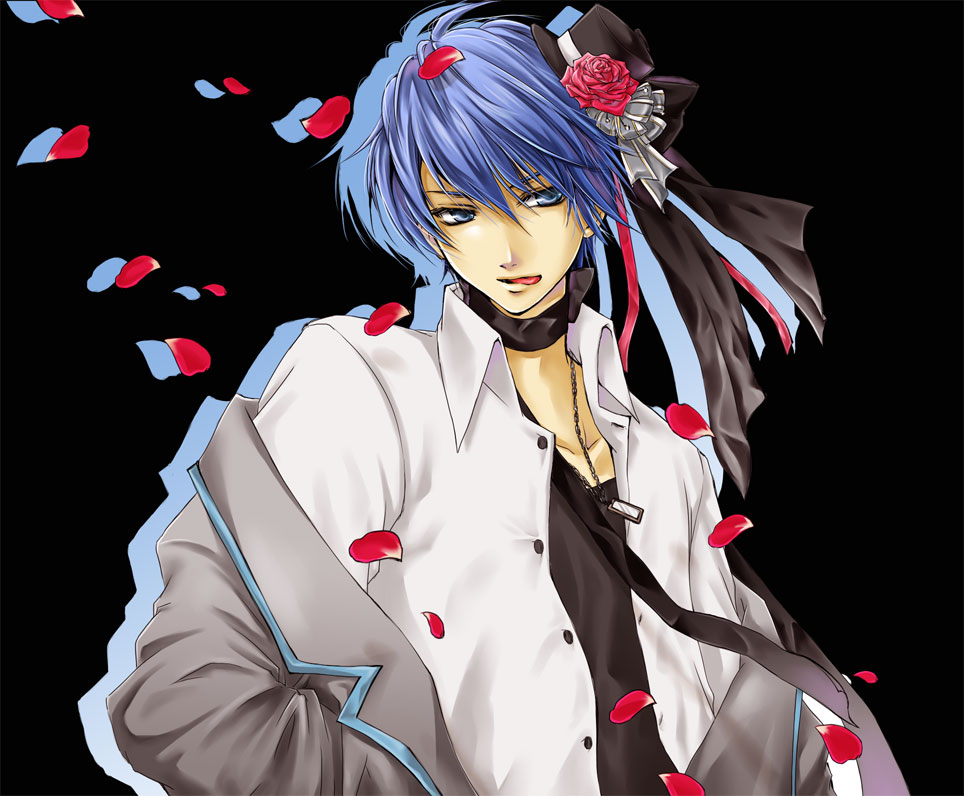 yuacchi, kaito (vocaloid), imitation black (vocaloid), vocaloid, bad id, bad pixiv id, 1boy, blue eyes, blue hair, flower, hair ribbon, hat, jacket, male focus, matching hair/eyes, mini hat, mini top hat, petals, ribbon, rose, solo, tongue, top hat