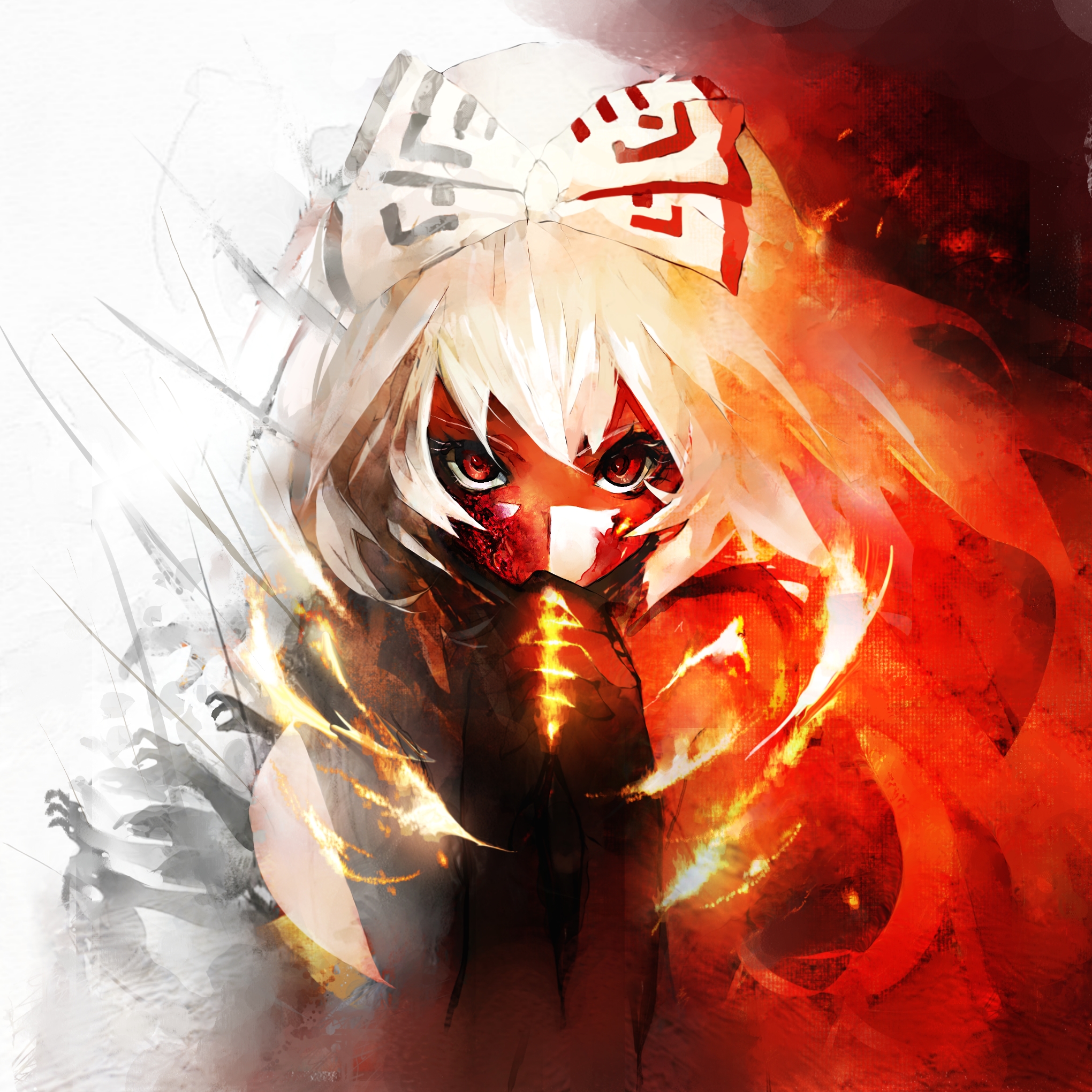 kataru (ubw-emiya), fujiwara no mokou, touhou, highres, 1girl, bow, feathers, fire, hair between eyes, hair bow, long hair, looking at viewer, own hands clasped, own hands together, red eyes, solo, white background, white hair