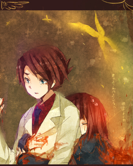 heca, ushiromiya ange, ushiromiya battler, alliance of the golden witch, umineko no naku koro ni, bad id, bad pixiv id, spoilers, 00s, blood, brother and sister, bug, butterfly, closed eyes, death, hair bobbles, hair ornament, hug, insect, necktie, siblings, tears