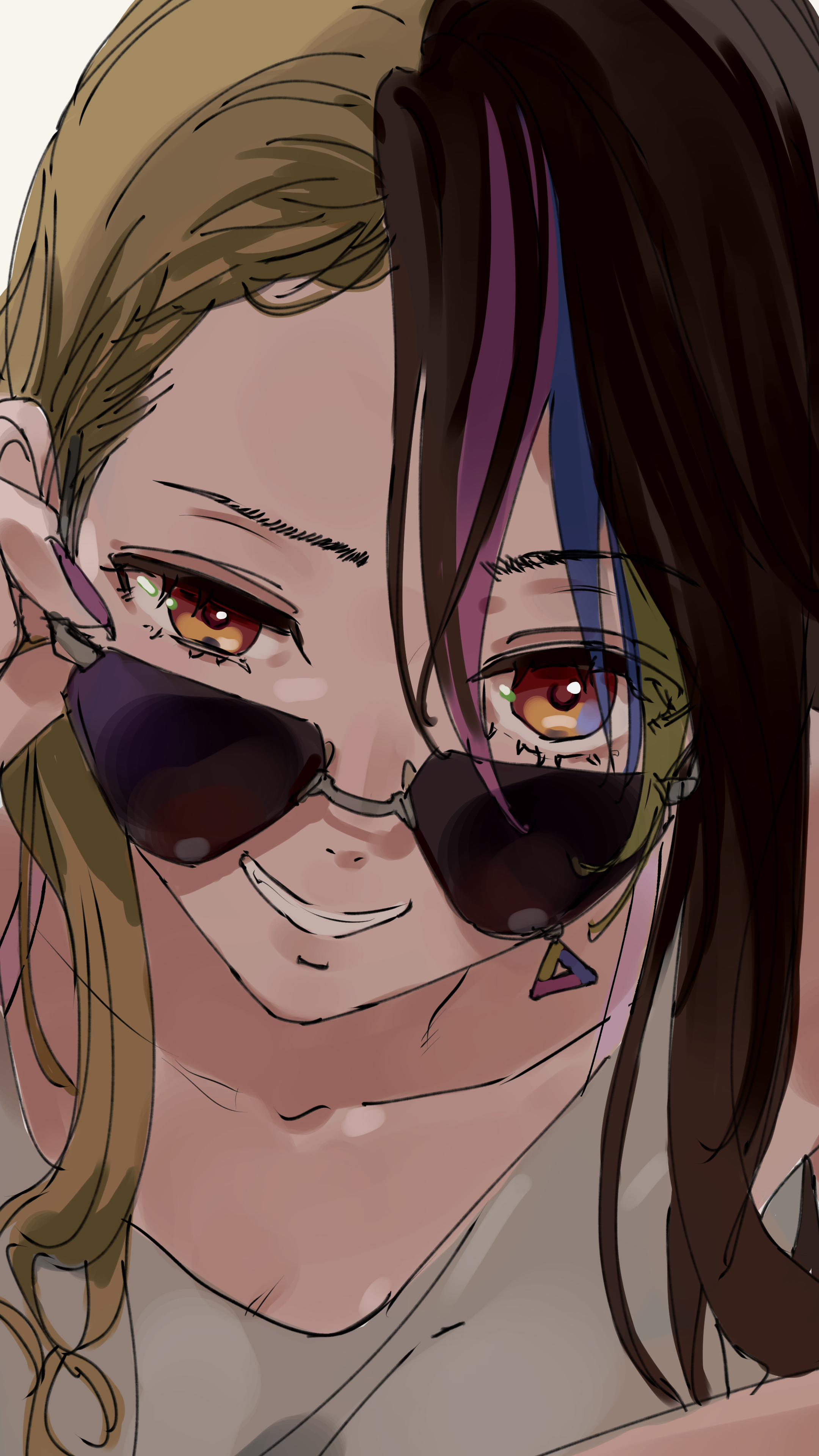 tarokazu, galaco, vocaloid, absurdres, commentary request, highres, 1girl, :d, adjusting eyewear, asymmetrical bangs, backlighting, blue hair, brown hair, collarbone, eyes visible through hair, eyewear pull, green hair, grey background, grey tank top, grin, hair between eyes, hand up, leaning forward, long hair, looking at viewer, multicolored hair, nail polish, open mouth, orange eyes, pink hair, pink nails, portrait, raised eyebrow, sidelocks, simple background, smile, solo, straight hair, streaked hair, sunglasses, tank top, uneven eyes