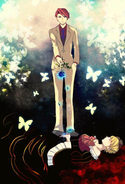 chuna, beatrice (umineko), ushiromiya battler, umineko no naku koro ni, bad id, bad pixiv id, 00s, blonde hair, bug, butterfly, dress, flower, insect, lying, necktie, ribbon, rose