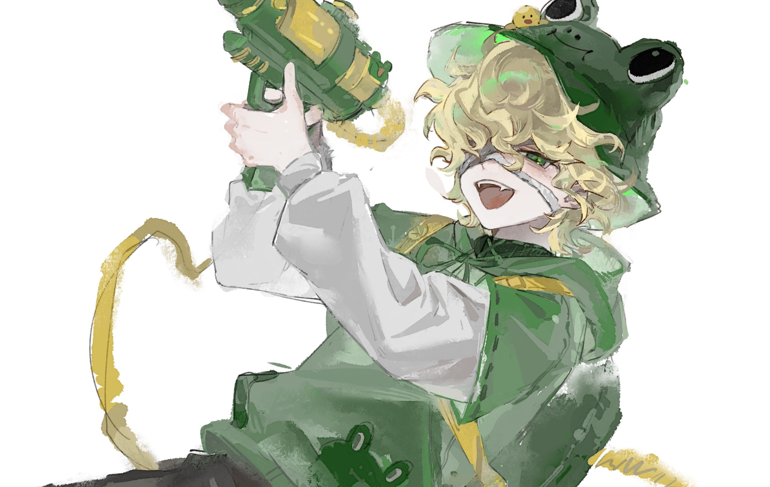 florian brand, florian brand (leonard), identity v, highres, 1boy, :d, aiming, bandage over one eye, blonde hair, bucket hat, curly hair, fangs, frog hat, gaozhouyong, green eyes, hat, holding, holding water gun, hood, hood down, layered sleeves, long sleeves, looking at viewer, male focus, official alternate costume, open mouth, puffy sleeves, short over long sleeves, short sleeves, smile, solo, tied hoodie strings, water gun