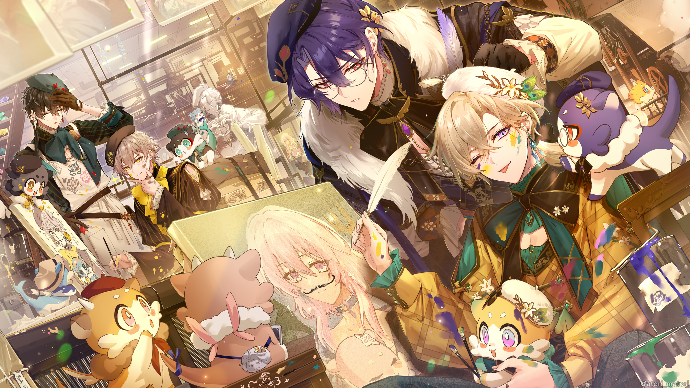 matori (penguin batake), aventurine (honkai: star rail), caelus (honkai: star rail), chimera (honkai: star rail), dan heng (honkai: star rail), dr. ratio (honkai: star rail), march 7th (honkai: star rail), trailblazer (honkai: star rail), honkai: star rail, honkai (series), commentary request, highres, 4boys, alternate costume, animal, apron, beret, black gloves, black hair, black shirt, blonde hair, bubbles (honkai: star rail), canvas (object), closed eyes, clothing cutout, dutch angle, facepaint, fur hat, fur trim, glasses, gloves, green hat, green shirt, grey hair, guest art, hand on own chin, hand on own forehead, hat, holding, holding animal, holding paintbrush, holding quill, hoyofair, indoors, long sleeves, looking at viewer, male focus, multiple boys, one eye closed, paintbrush, purple eyes, purple hair, quill, red eyes, shirt, short hair, shoulder cutout, sitting, smile, standing, tongue, tongue out, white apron, yellow eyes