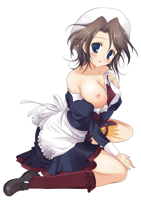 rinka (yuyutei), shannon (umineko), umineko no naku koro ni, 00s, 1girl, blue eyes, breasts, brown hair, female focus, large breasts, maid, nipples, short hair, sitting, socks, solo, wariza