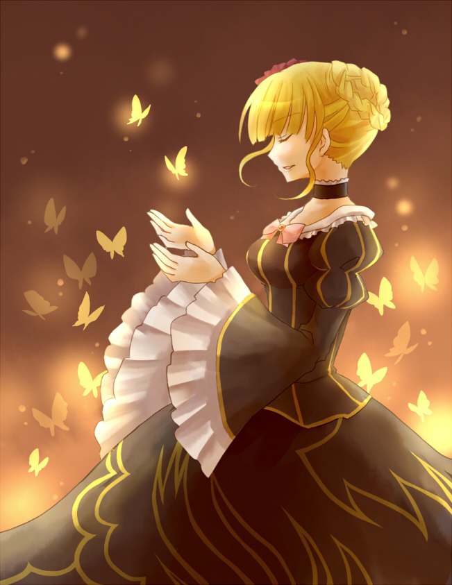 hoshino ai (nature3111), beatrice (umineko), umineko no naku koro ni, bad id, bad pixiv id, 00s, blonde hair, bug, butterfly, choker, closed eyes, dress, frills, insect, solo