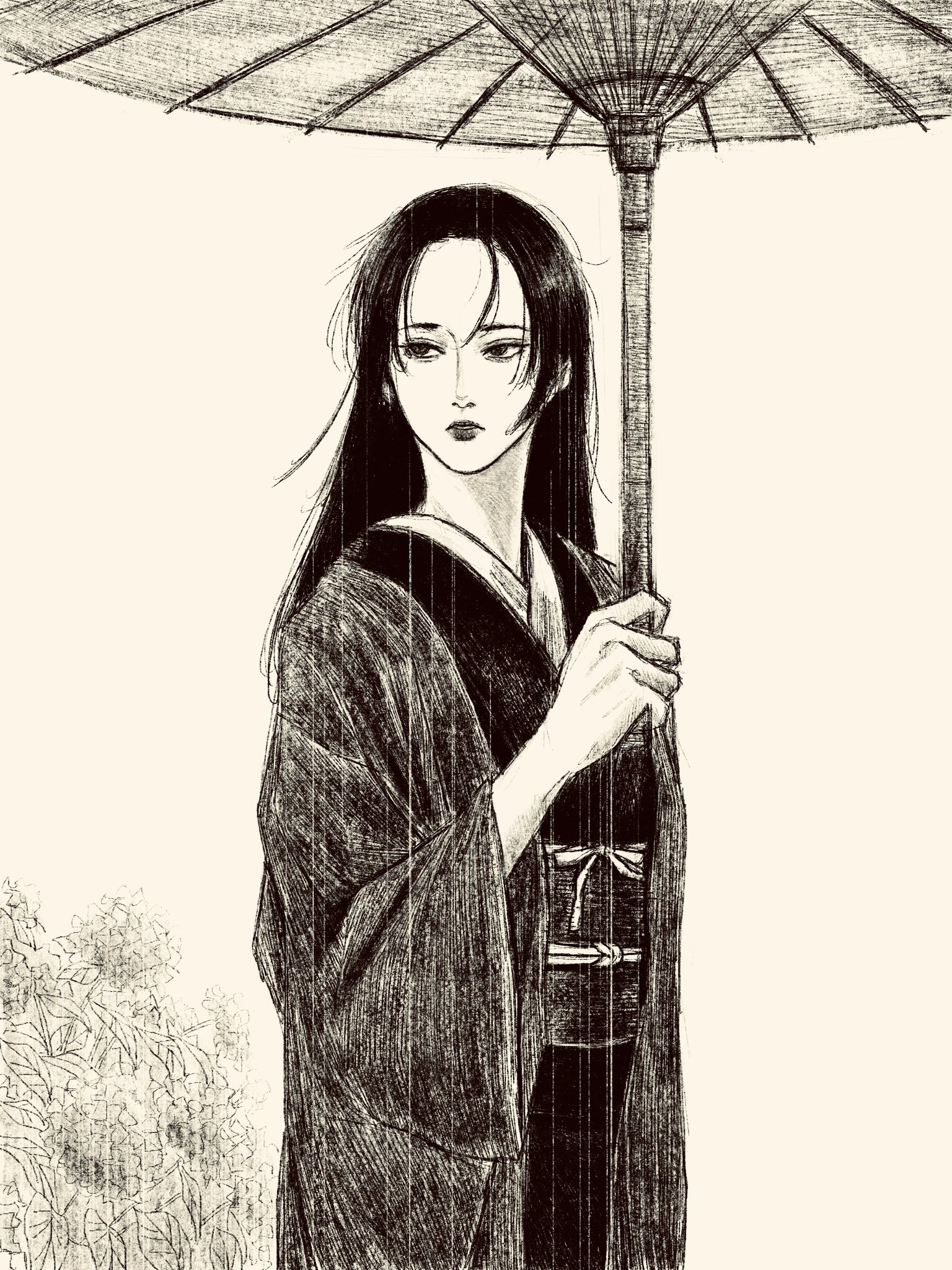 tp p pt, original, highres, 1girl, black hair, black kimono, black robe, black sash, holding, holding umbrella, japanese clothes, kimono, long hair, looking to the side, oil-paper umbrella, robe, sash, umbrella, white background