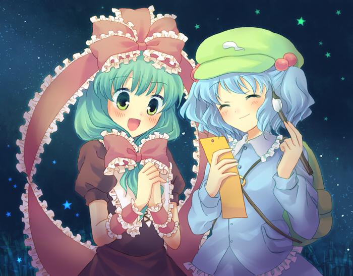 kuguri oimo, kagiyama hina, kawashiro nitori, touhou, bad id, bad pixiv id, duplicate, 2girls, backpack, bag, blue hair, calligraphy brush, closed eyes, female focus, front ponytail, green eyes, green hair, hair bobbles, hair ornament, hair ribbon, hat, holding, holding tanzaku, multiple girls, paintbrush, randoseru, ribbon, short hair, smile, star (sky), star (symbol), tanzaku, twintails, two side up