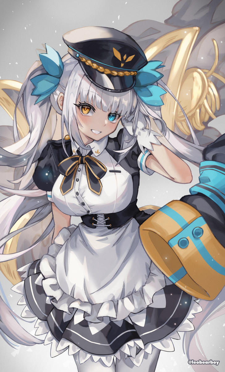 leobearboy, kagura mea, kagura gumi, commentary, highres, 1girl, apron, black hat, blue eyes, dress, gloves, grey hair, hat, heterochromia, looking at viewer, short sleeves, solo, thighhighs, twintails, twitter username, virtual youtuber, white apron, white gloves, white thighhighs, yellow eyes