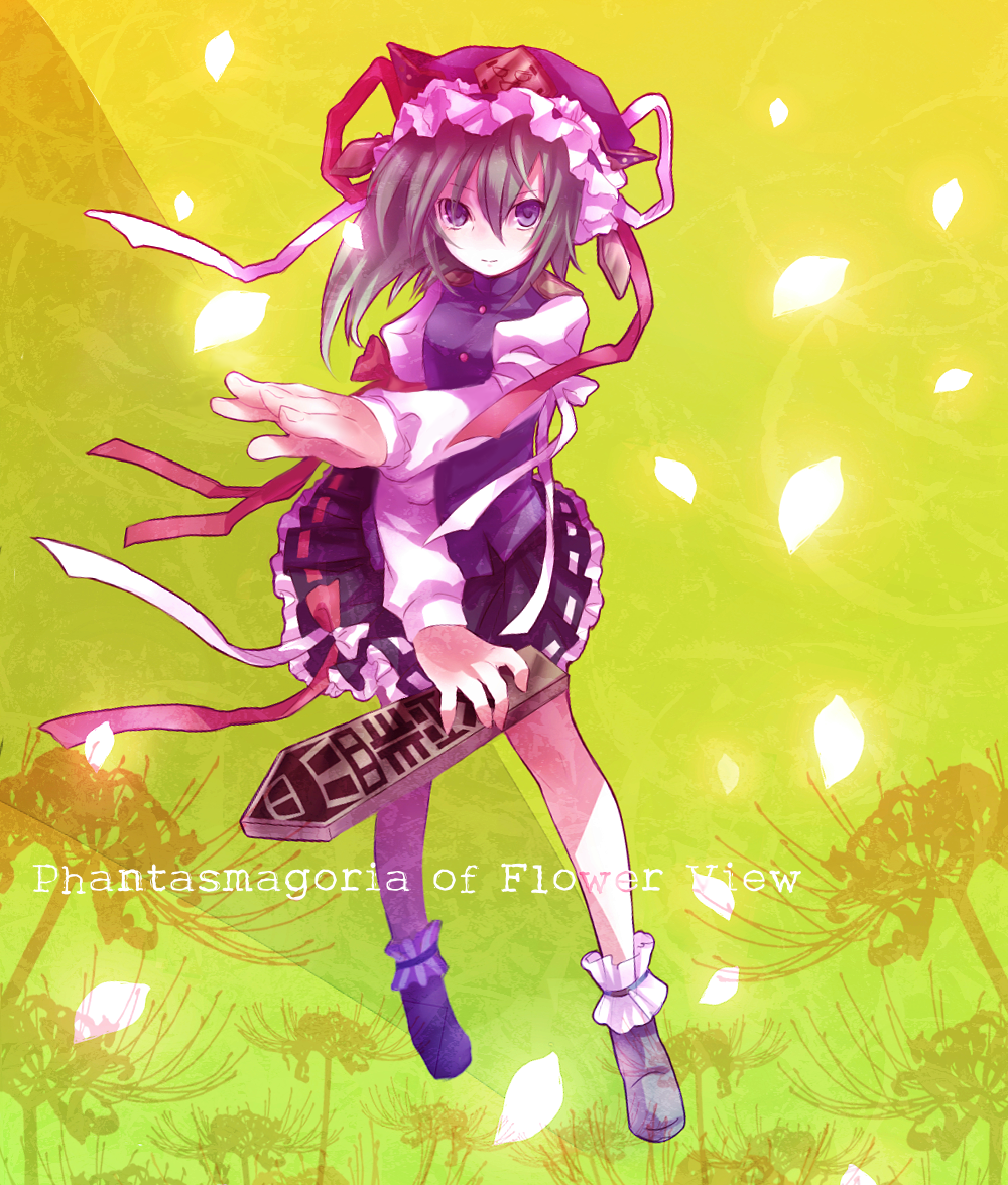 neme, shiki eiki, phantasmagoria of flower view, touhou, bad id, bad pixiv id, 1girl, blue eyes, bow, female focus, flower, frills, glowing, glowing petals, green hair, hat, long sleeves, petals, red flower, rod of remorse, solo, spider lily
