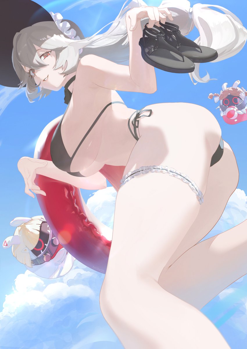 69pou, alexandrina sebastiane, anastella (zenless zone zero), drusilla (zenless zone zero), zenless zone zero, highres, 1girl, ass, bikini, black bikini, black hat, blue sky, breasts, cloud, day, from side, grey hair, hat, holding, holding shoes, holding unworn clothes, innertube, large breasts, leaning forward, long hair, looking at viewer, open mouth, red eyes, shoes, sky, solo, swim ring, swimsuit, unworn shoes