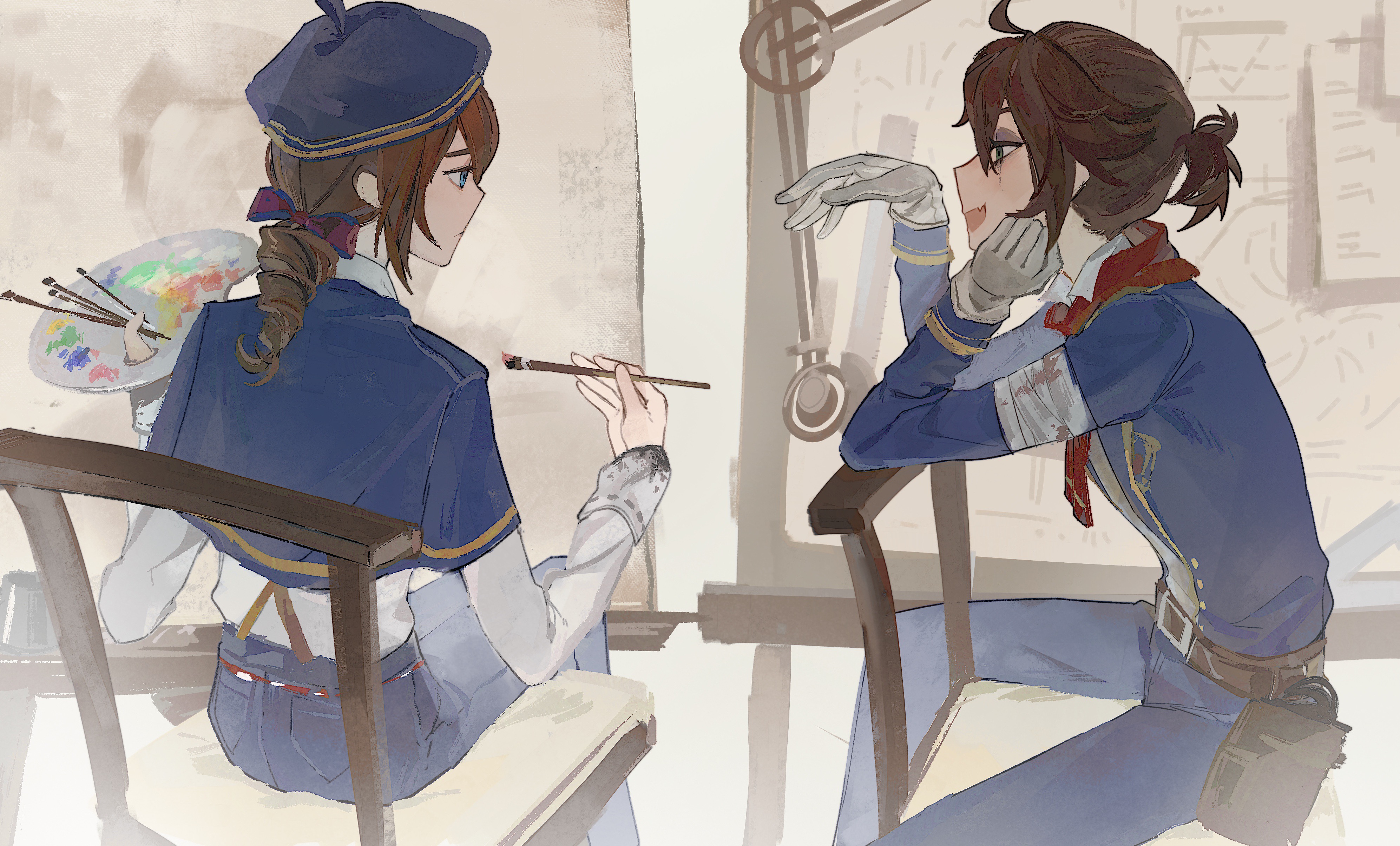 edgar valden, edgar valden (turpentine), luca balsa, luca balsa (eccentric), identity v, absurdres, highres, 2boys, :d, ahoge, bandages over clothes, beret, blue capelet, blue eyes, blue jacket, blue pants, bow, brown hair, bruise, bruised eye, capelet, chair, drill hair, drill ponytail, eye contact, fang, gaozhouyong, gloves, green eyes, hat, head on hand, holding, holding paint palette, holding paintbrush, injury, jacket, looking at another, male focus, multiple boys, official alternate costume, open mouth, paint palette, paintbrush, pants, ponytail, red bow, red scarf, scarf, shirt, short ponytail, sitting, sitting backwards, smile, suspenders, white gloves, white shirt, yellow trim