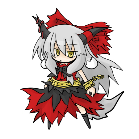 yanagi (nurikoboshi), ibuki suika, touhou, silver hair, lowres, 1girl, animal ears, bow, chibi, cuffs, dark persona, dog-suika, dog ears, dog tail, female focus, hair bow, horns, long hair, shackles, simple background, solo, tail, white background, yellow eyes
