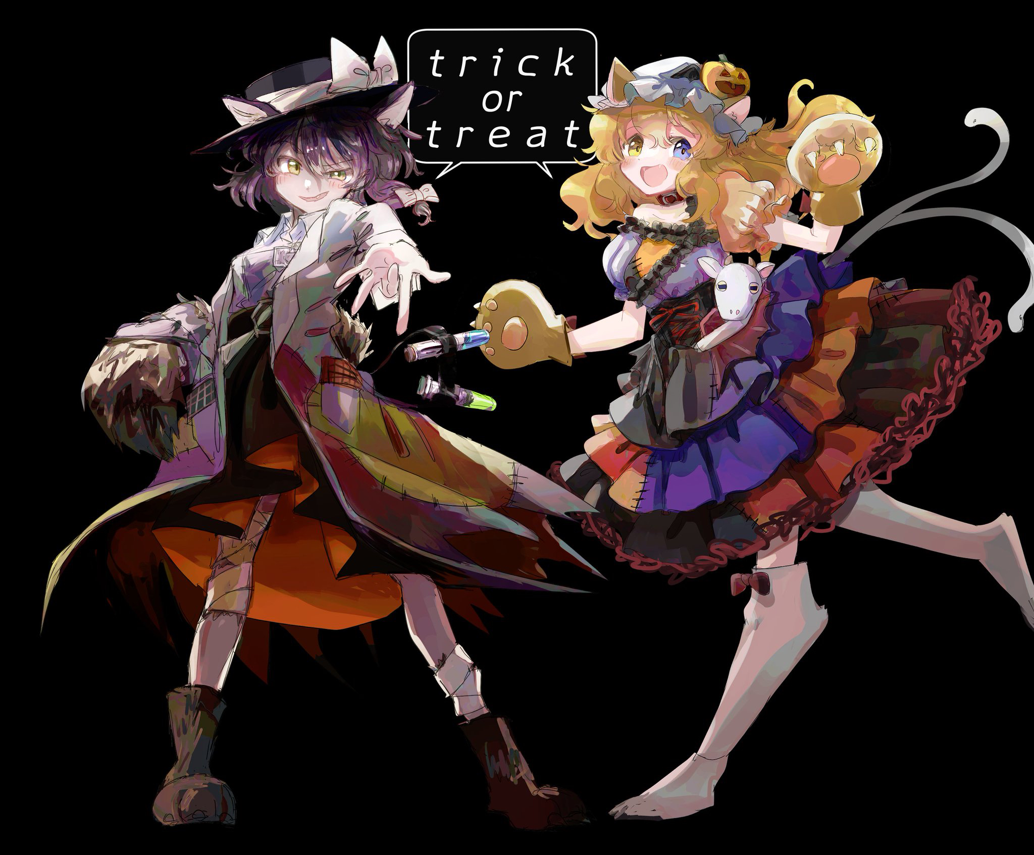 minus (sr mineka), maribel hearn, usami renko, touhou, commentary, highres, 2girls, animal ears, animal hands, black background, black boots, black corset, black hair, black hat, black skirt, blonde hair, blue dress, blue eyes, blue shirt, boots, bow, cat ears, cat girl, cat paws, coat, cork, corset, dress, hand up, hat, hat bow, hat ribbon, heterochromia, kemonomimi mode, lab coat, long hair, looking at viewer, multicolored dress, multiple girls, multiple tails, nekomata, parted lips, puffy short sleeves, puffy sleeves, rainbow-colored septentrion, red dress, ribbon, shirt, short hair, short sleeves, simple background, skirt, smile, socks, tail, test tube, trick or treat, uneven eyes, white bow, white coat, white ribbon, white socks, yellow eyes