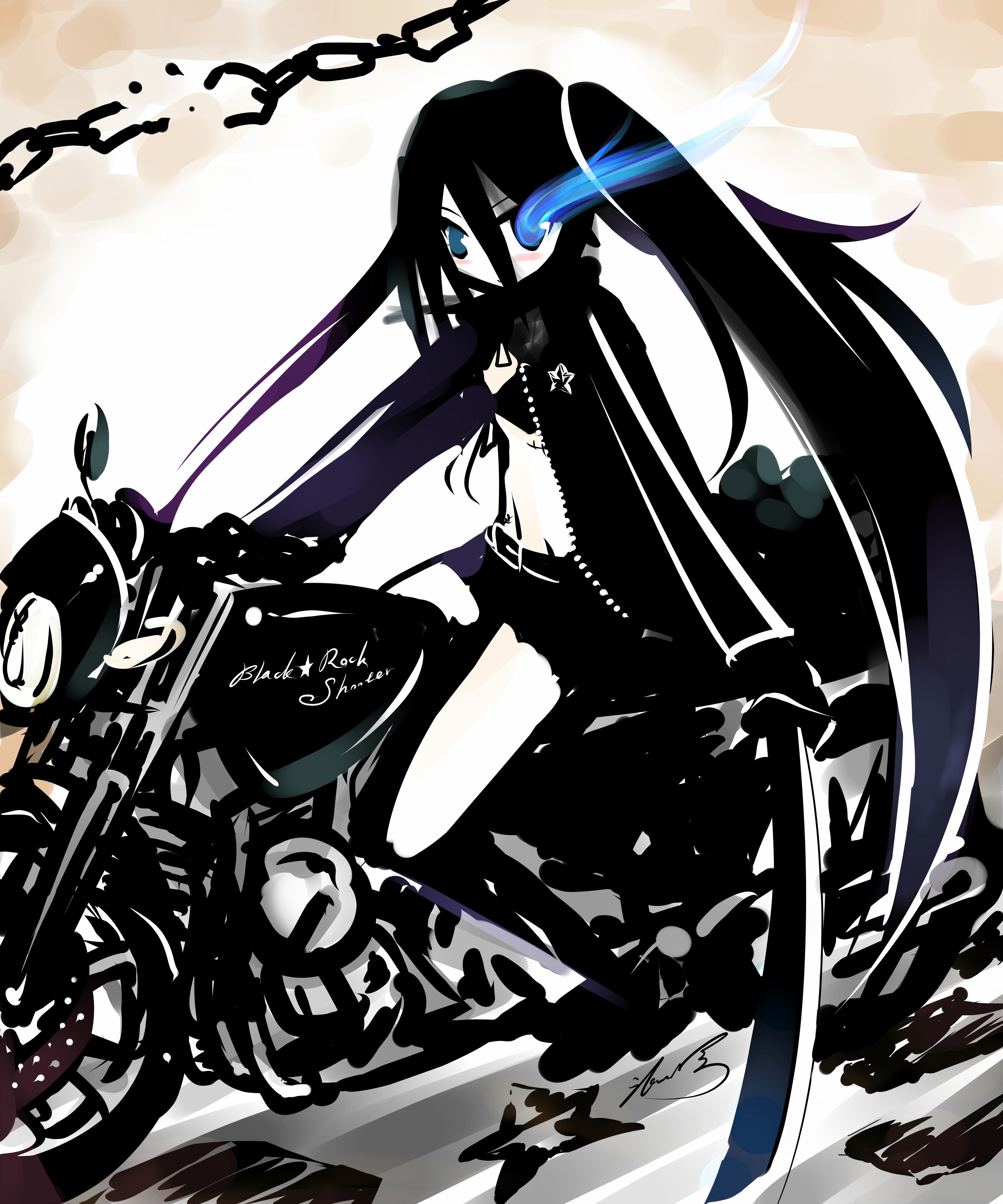 eatbara, black rock shooter (character), black rock shooter, vehicle, absurdres, highres, 10s, 1girl, belt, bikini, bikini top only, black bikini, black hair, blue eyes, blush, boots, chain, female focus, front-tie top, gloves, glowing, glowing eyes, jacket, katana, knee boots, long hair, midriff, motor vehicle, motorcycle, pale skin, scar, short shorts, shorts, solo, star (symbol), stitches, swimsuit, sword, twintails, uneven twintails, very long hair, weapon