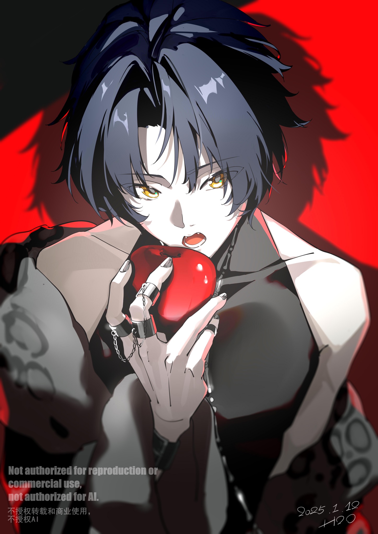bingzhen h2o, asaba harumasa, zenless zone zero, silver ring, commentary request, highres, 1boy, alternate costume, apple, bare shoulders, black hair, black shirt, chain, dated, fangs, food, fruit, grey nails, hair between eyes, holding, holding food, holding fruit, jewelry, looking at viewer, male focus, multiple rings, off shoulder, open mouth, parted bangs, red background, ring, shirt, short hair, sleeveless, sleeveless shirt, solo, upper body, yellow eyes