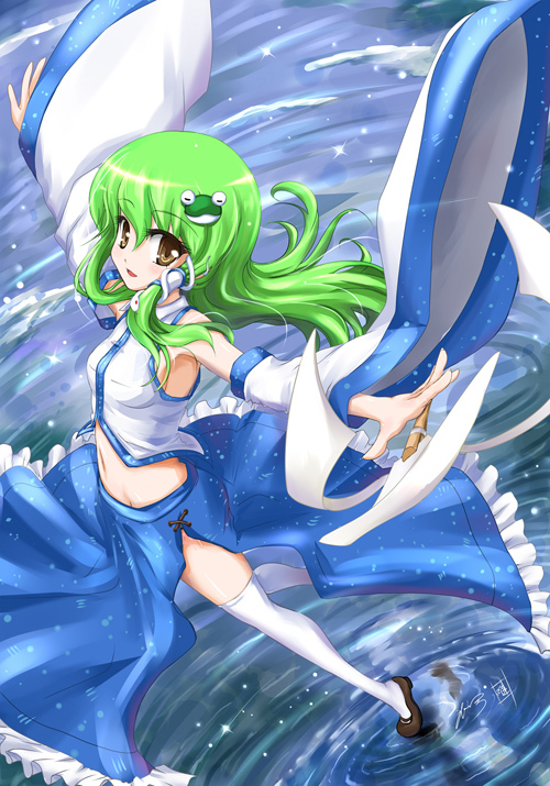eatbara, kochiya sanae, touhou, 1girl, detached sleeves, female focus, green hair, hydrokinesis, long hair, midriff, outstretched arms, solo, spread arms, thighhighs, water, zettai ryouiki
